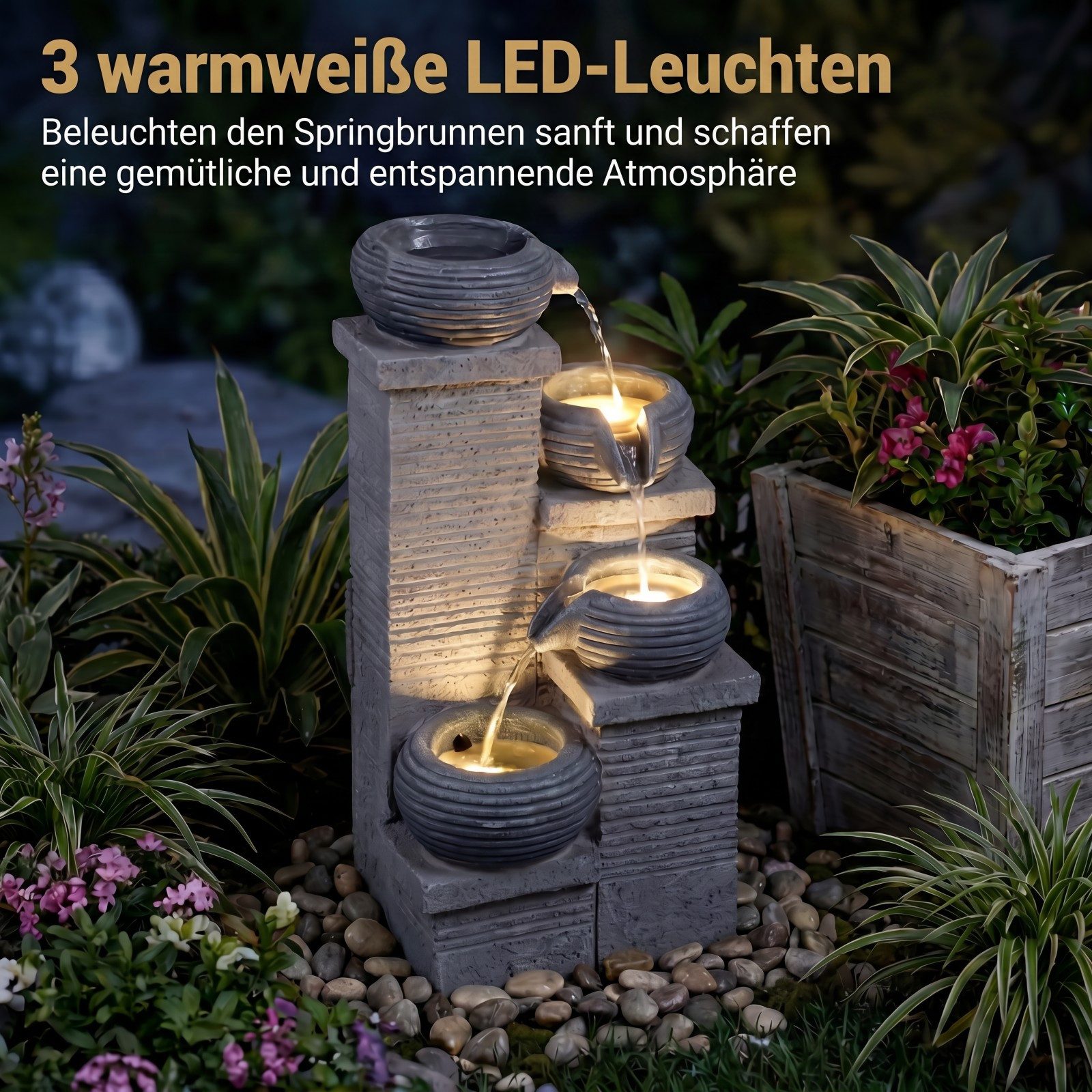 KOMFOTTEU Gartenbrunnen, 4-stufiger Gartenbrunnen mit LED & Wasserfall
