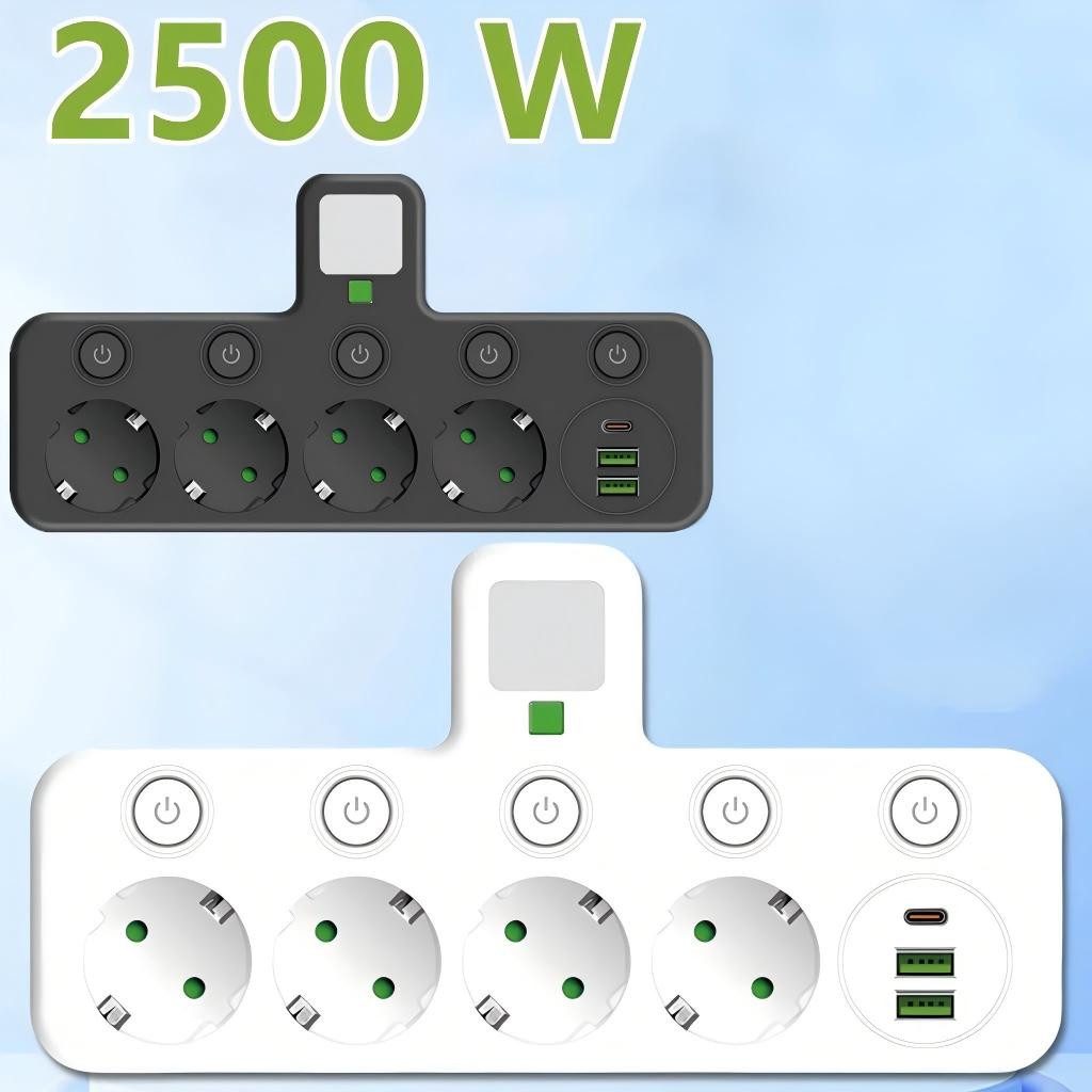 QUBEBU 4 Fach Steckdosenleiste mit 4 Steckdose 2 USB-A/1 Typ-C 5 Schalter Mehrfachsteckdose 4-fach (2500W Mehrfachstecker Wandmontage, Steckerleiste mit Schalter, Kindersicherung, Überstrom-, Kurzschluss- und Überhitzungsschutz), Steckdosenadapter, Doppelstecker, Steckdosenwürfel Tragbar mit LED