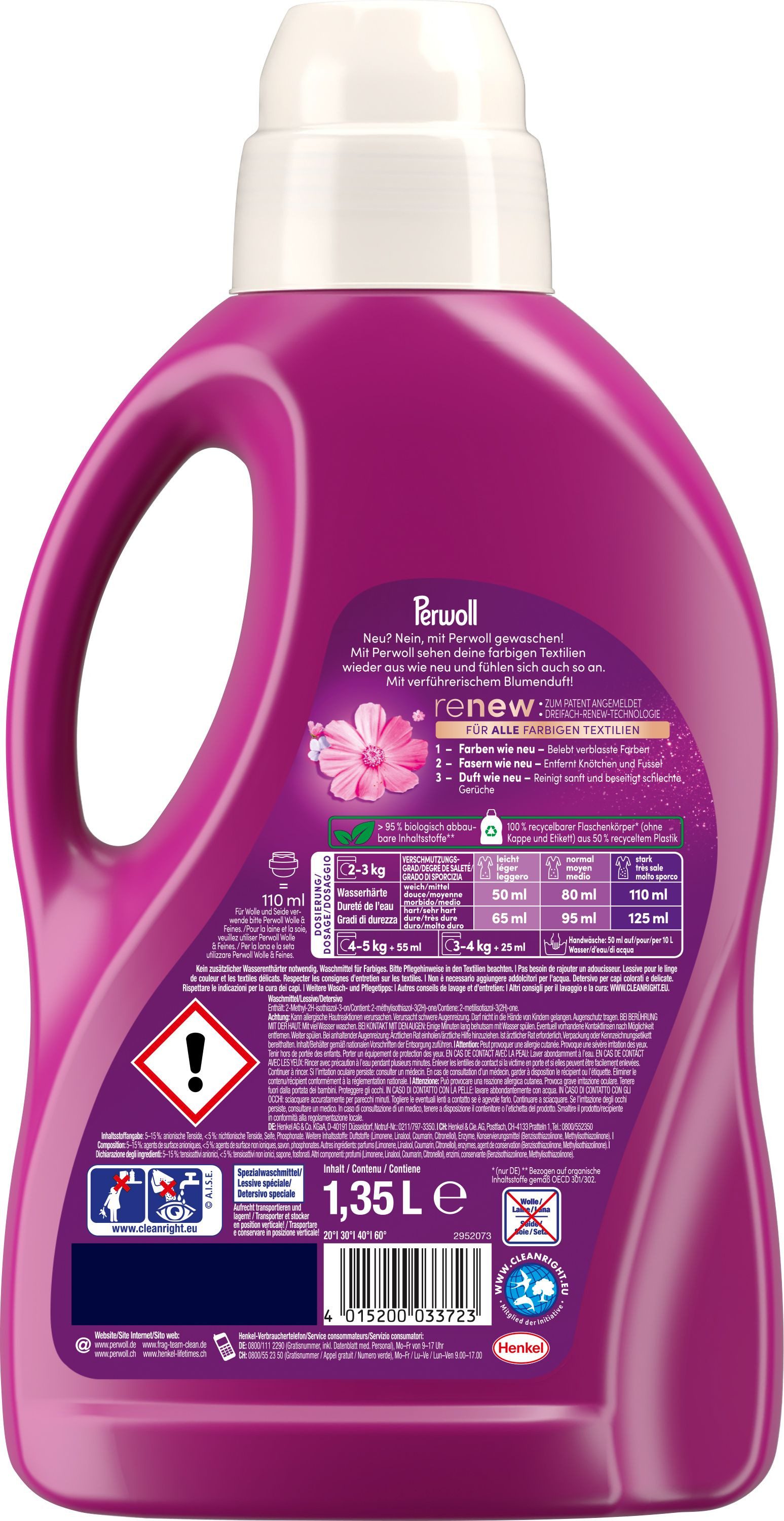 Perwoll PERWOLL Flüssigwaschmittel 27WL Color Blütenrausch 1,35L Colorwaschmittel (1-St. Flüssigwaschmittel mit Dreifach-Renew-Technologie)