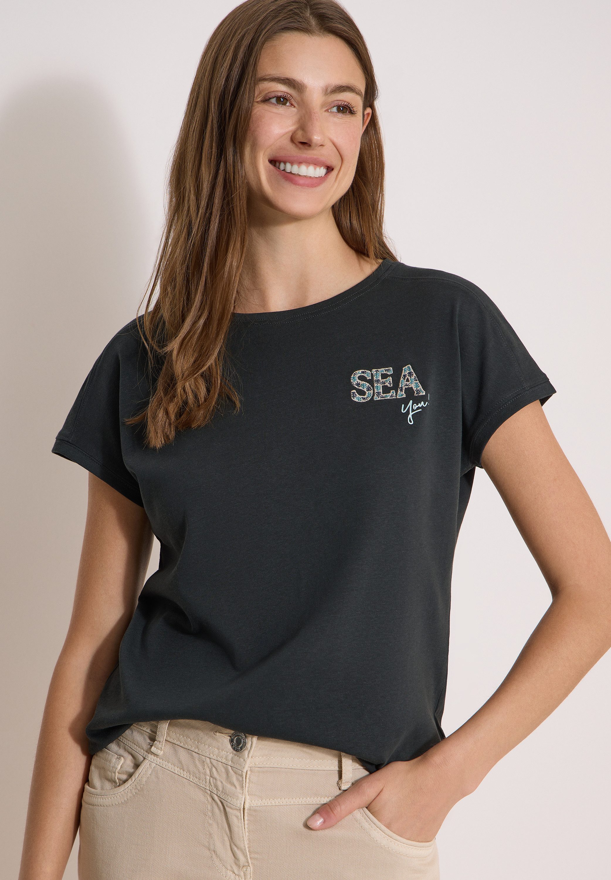 CECIL Kurzarmshirt Sommershirt mit Rundhals und Embroidery