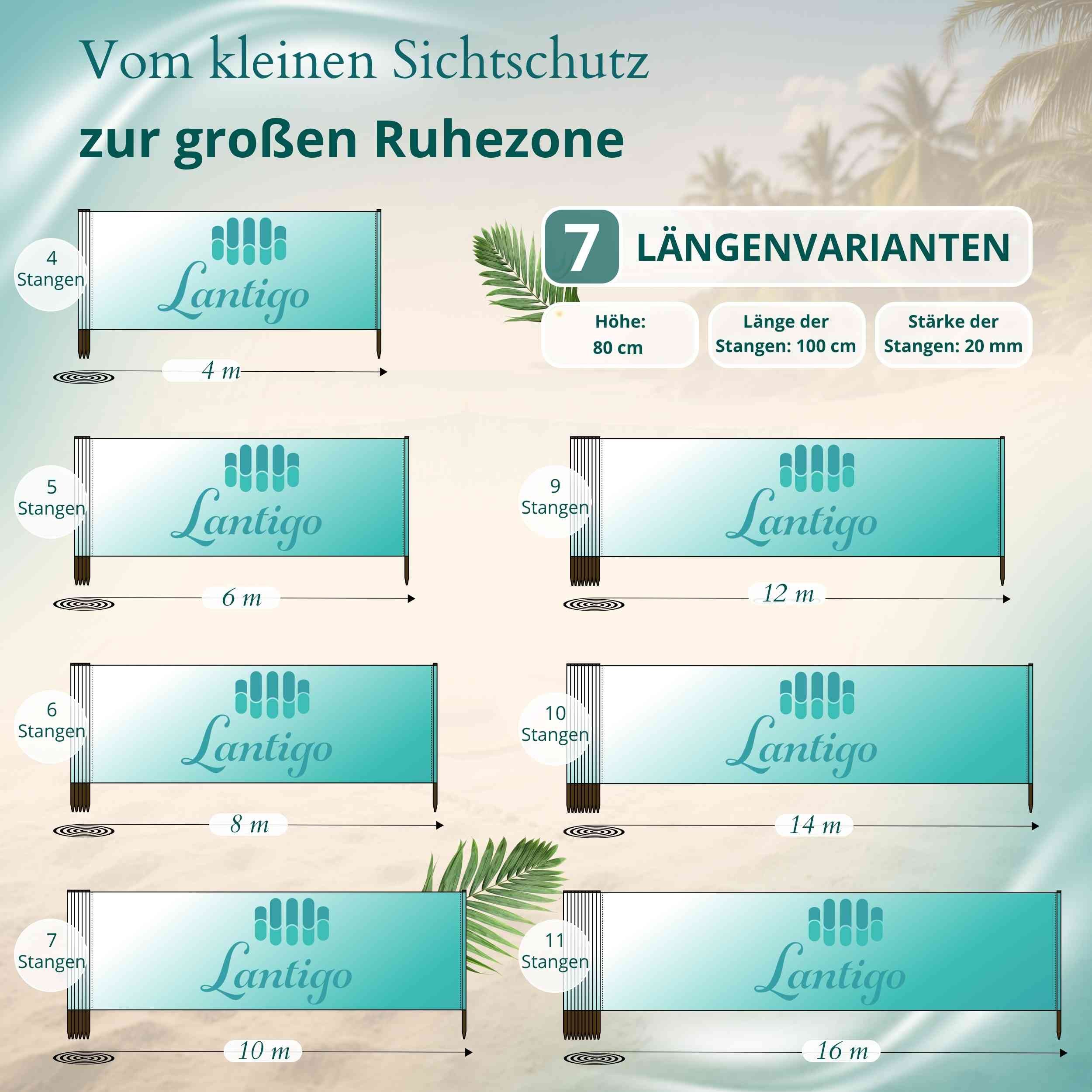 Lantigo Windschutz Sichtschutz Sonnenschutz Strandparavent aus Mikrofaser – portabel, (Surfing, Länge: 4 m), - Faltbarer Sonnenschutz für Strand, Camping & Garten