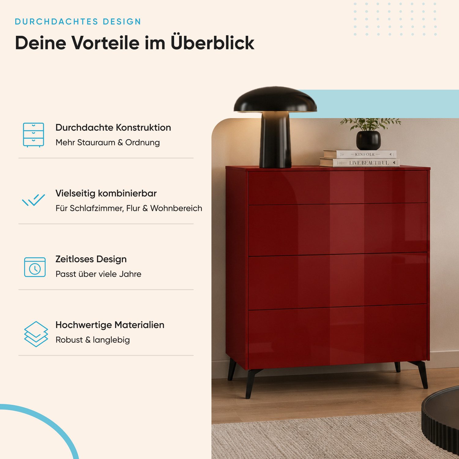 Storado Kommode Colors 82×89–102×42cm, Kommode mit 3 Schubladen, Farbe wählbar, 3 Schubladen auf Unterflurauszügen, Oberfläche kratzfest