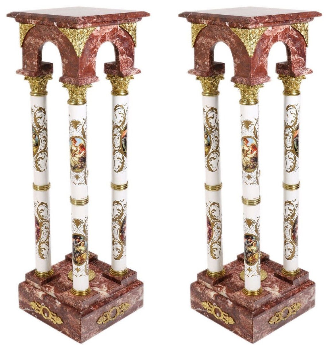 Casa Padrino Beistelltisch Barock Marmorsäulen Set Rot / Weiß / Gold - Elegantes Säulen Set im Barockstil
