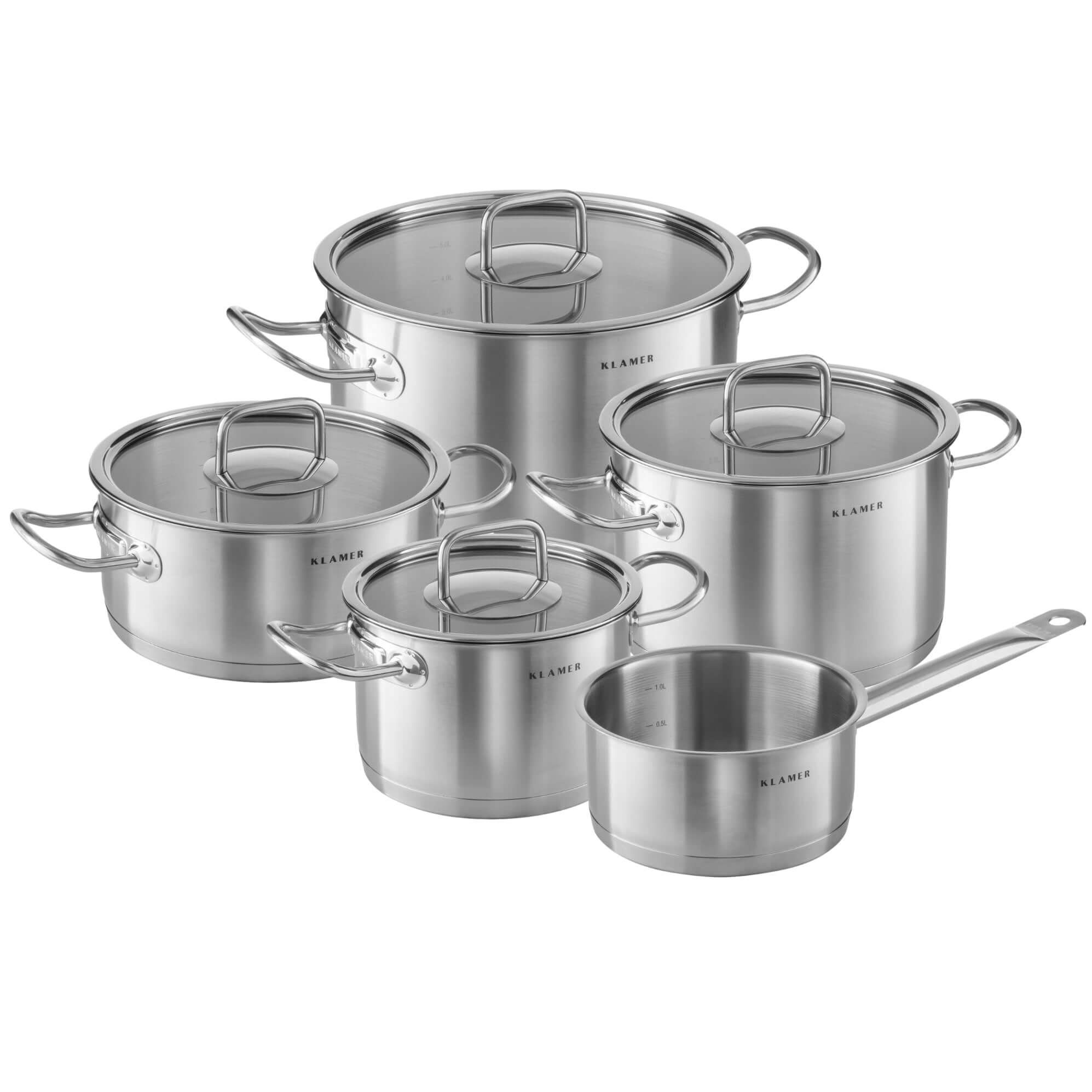 KLAMER Topf-Set 5-tlig. mit Glasdeckel, Induktion, extra dicke Wand- und Bodenstärke …, Edelstahl (5-tlg), Energiesparend, Messskala, Güteglasdeckel, tropffrei abgießen