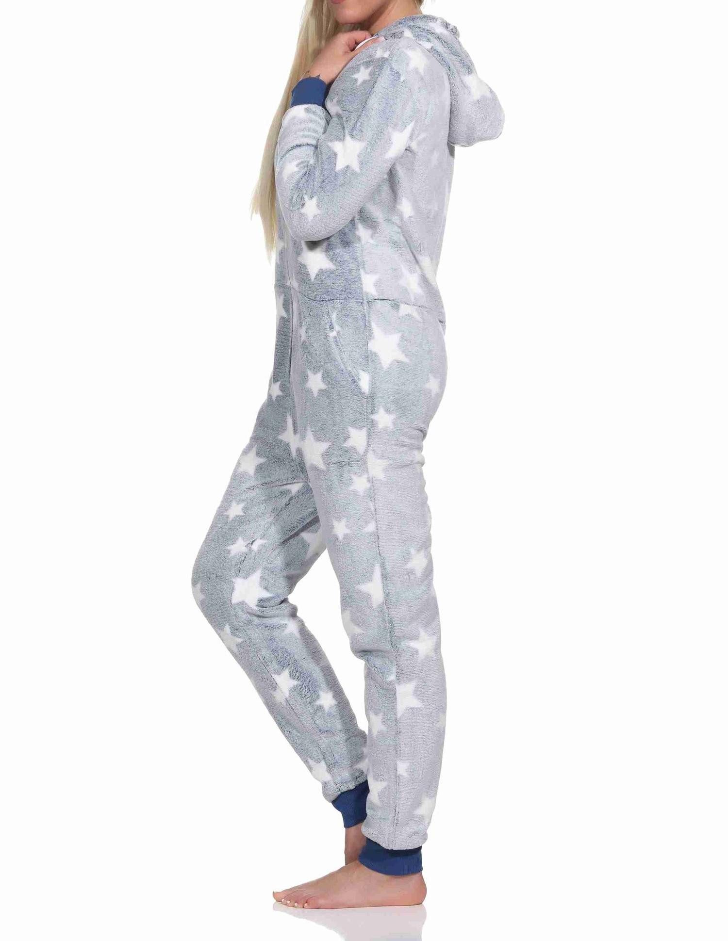 Normann Pyjama Damen Schlafanzug Jumpsuit Overall in Sterneoptik aus Coralfleece