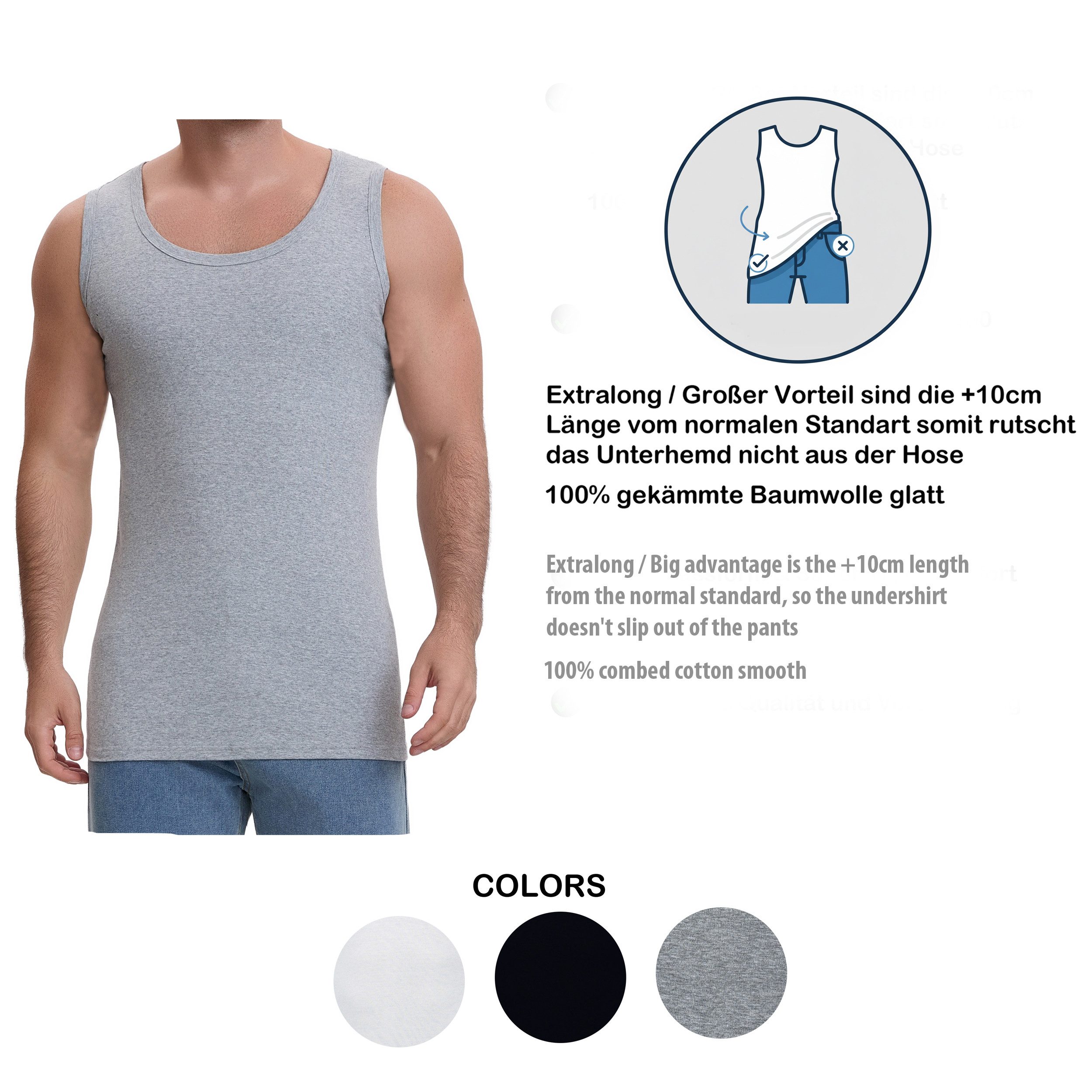 LOREZA Unterhemd 4er Set Unterhemden Feinripp extralong - Basics - Bunt (Spar-Packung, 4-St., 4er Pack)