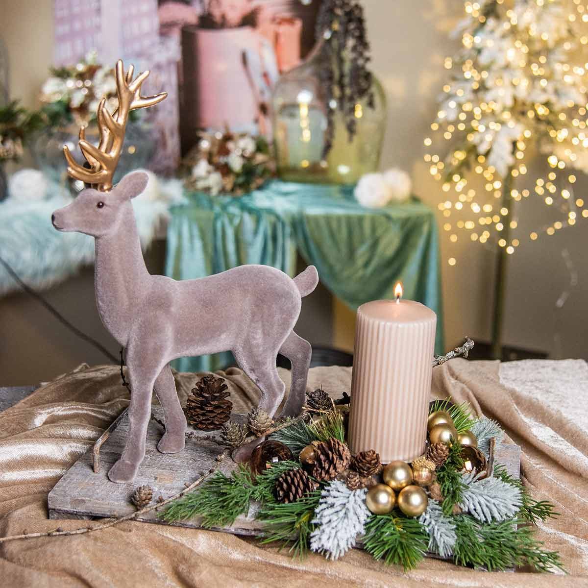 Florists Products Weihnachtsmann Deko Hirsch Rentier Figur Grau Gold Geweih Tischdeko