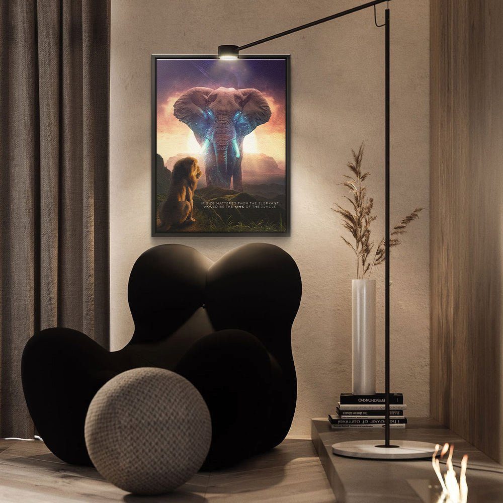 Motivationsbild Elephant - King und - ohne True Leinwandbild, Rahmen Premium Löwe DOTCOMCANVAS®