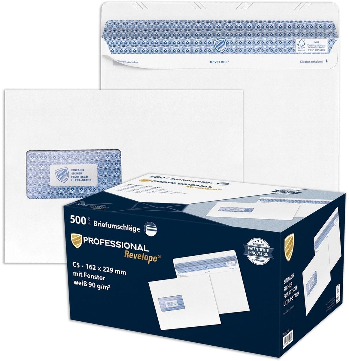 Briefumschlag Briefumschläge Revelope C5 90g/qm haftklebend mit Fenster weiß VE=500.