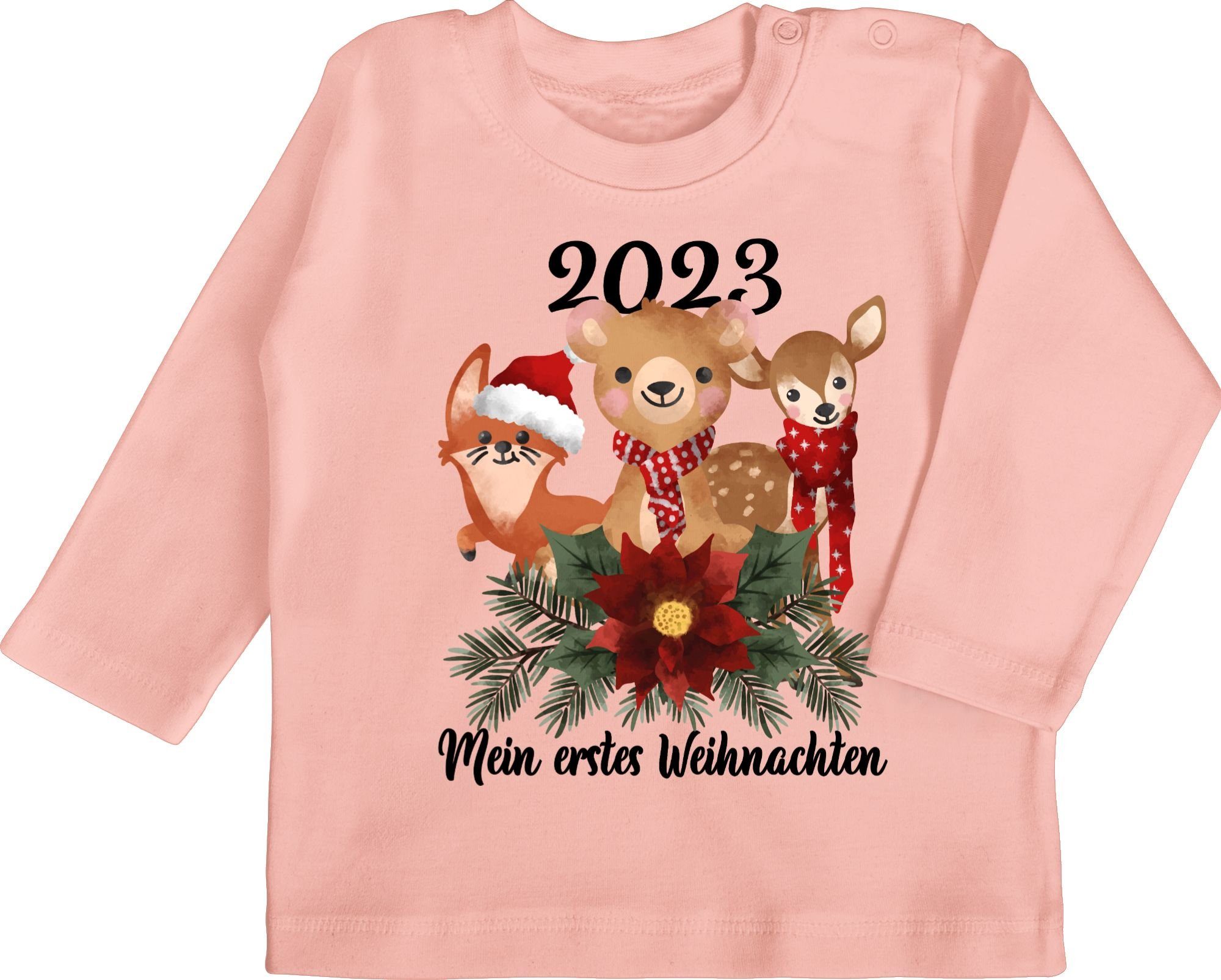 Shirtracer T-Shirt 2023 Mein erstes Weihnachten mit süßen Tieren - schwarz Weihnachten Kleidung Baby 2 Babyrosa