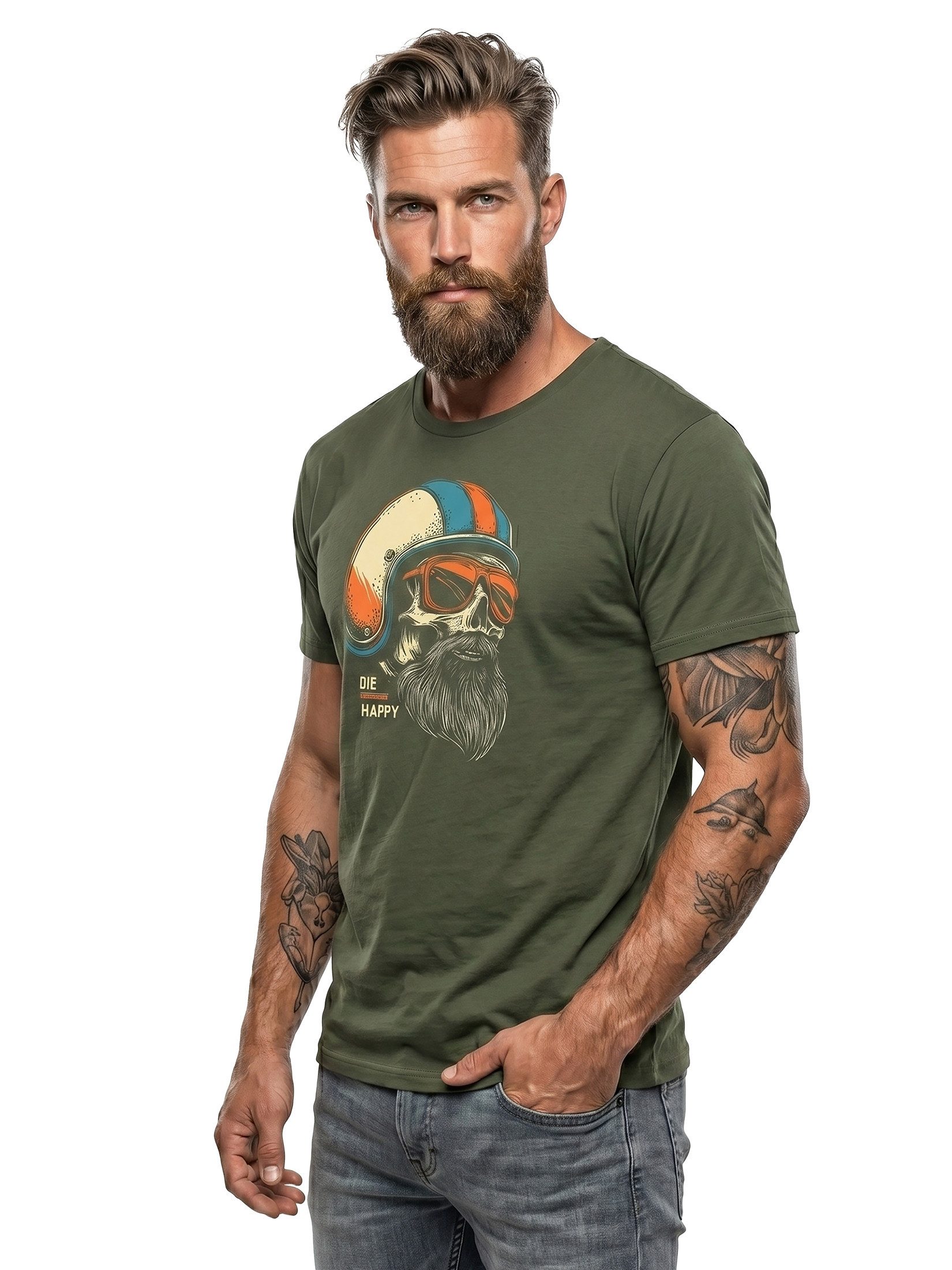MAKAYA T-Shirt Bikershirt für Herren – Totenkopf mit Bart & Helm mit Aufdruck (Schwarz, Blau, Grün, Blaugrau, Grau, S, M, L, XL, XXL, 3XL, 4XL, 5XL) Baumwolle