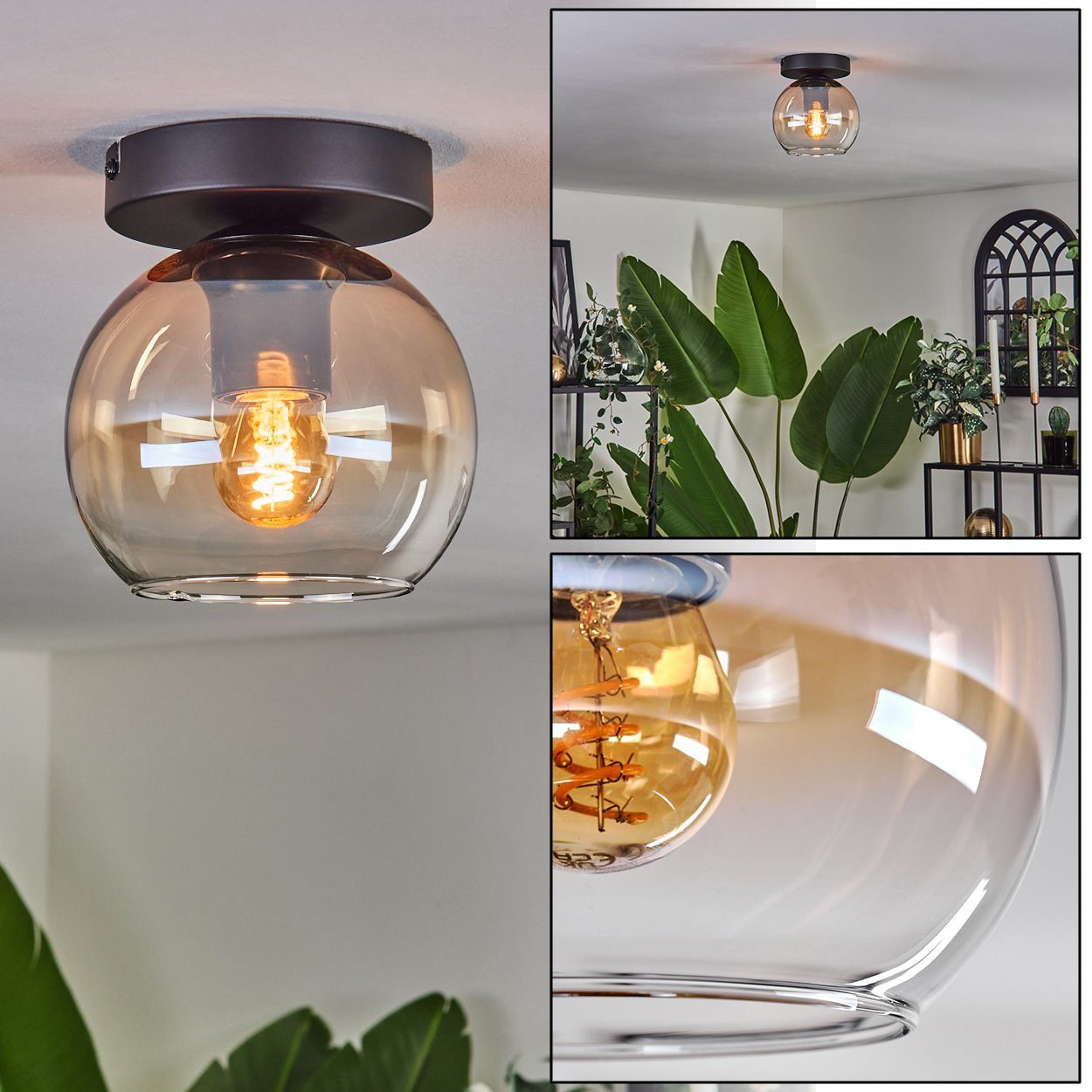 hofstein Deckenleuchte Deckenlampe aus Metall/Glas in Schwarz/Bernsteinfarben/Klar, ohne Leuchtmittel, moderne Leuchte mit Schirm aus Glas (15cm), 1xE27, ohne Leuchtmittel