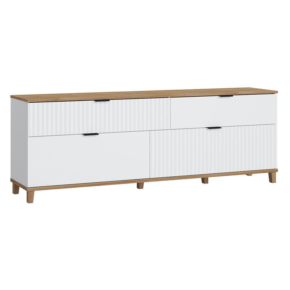Lomadox Lowboard PLYMOUTH-129, mit 2 Schubladen, 2 Klappen in weiß mit Eiche Nb. 183,8/65,6/40 cm