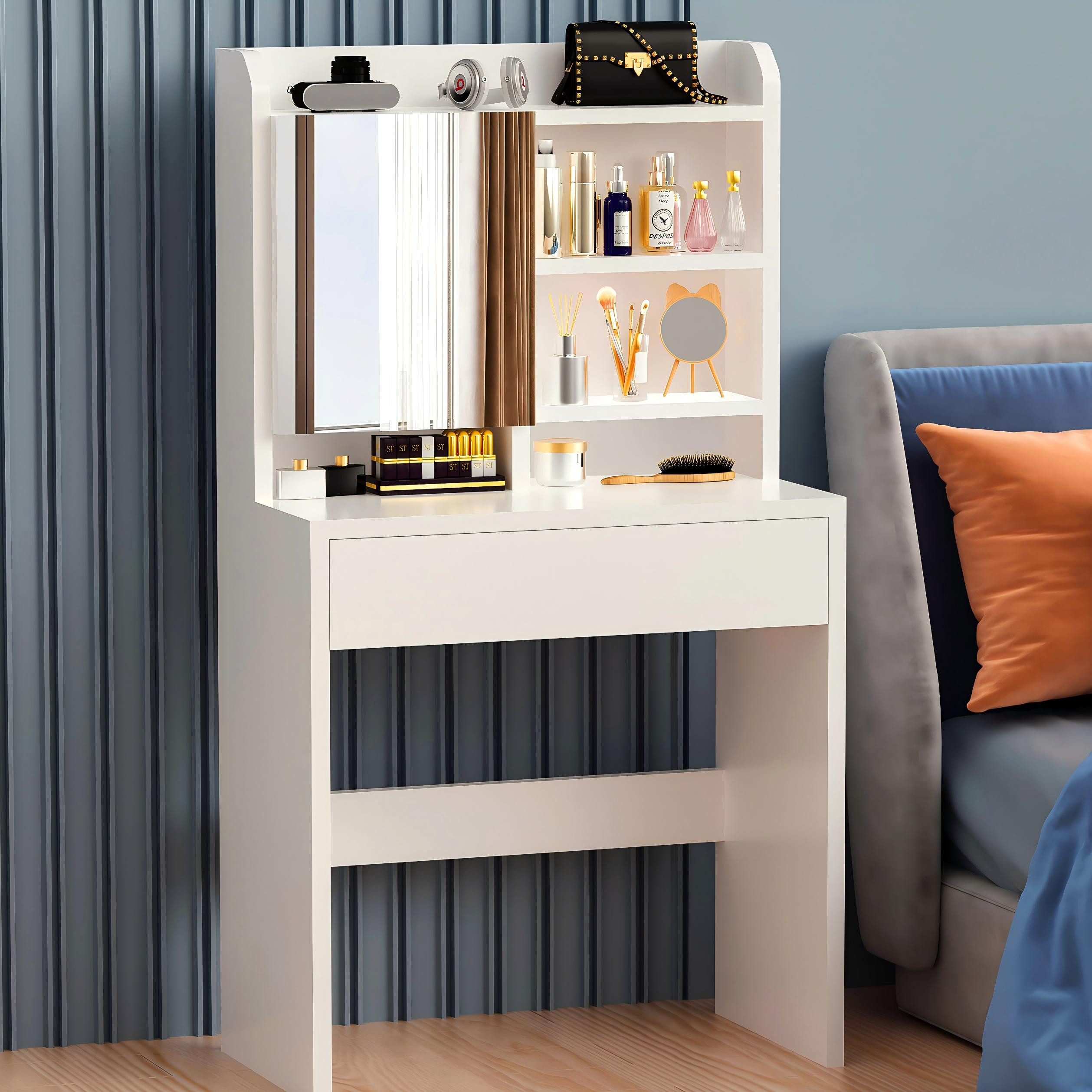 oyajia Schminktisch Frisiertisch mit Spiegel (verstellbare Ablagen), 1 Schubladen, 4 offene Fächer, Modern