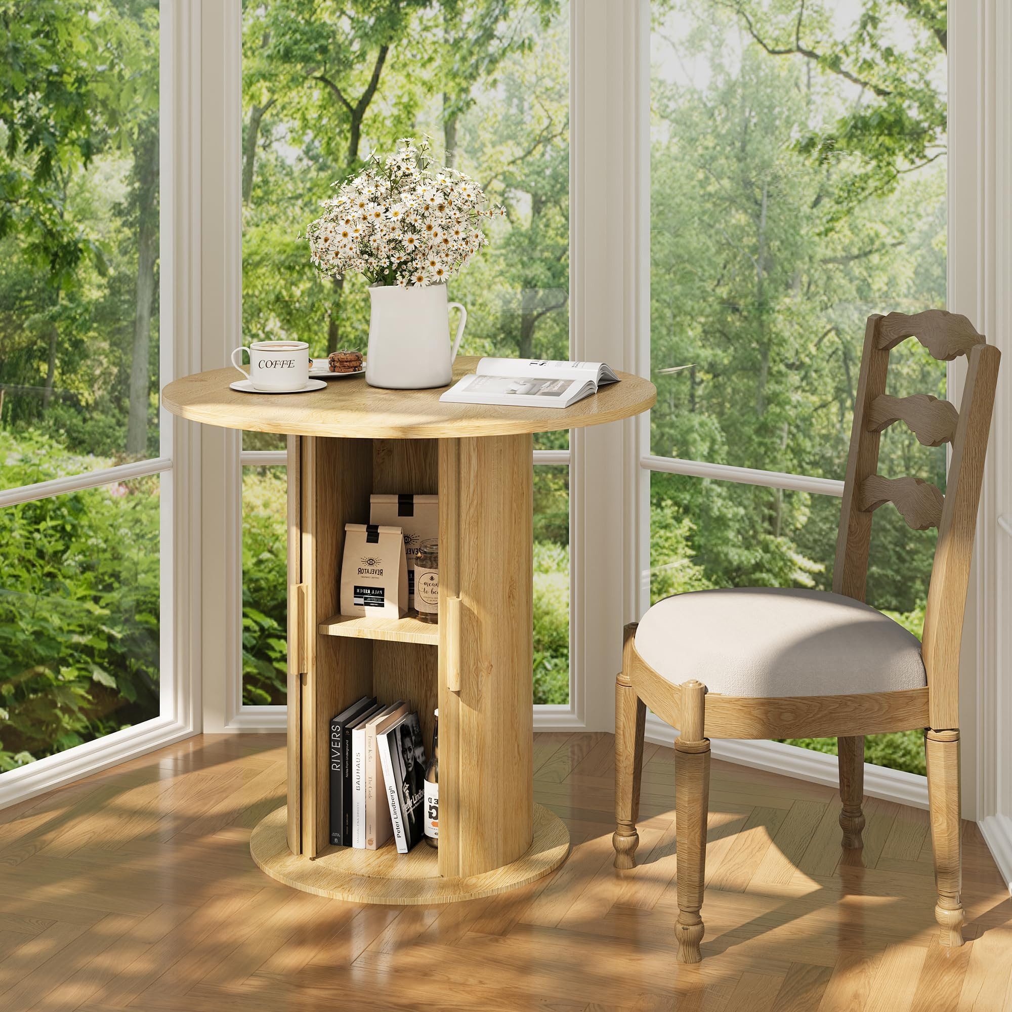 GarveeMore Esstisch Runder Esstisch 80 cm Küchentisch Wohnzimmertisch Beistelltisch (1-St), für 2–4 Personen Kleiner Raum Säulen-Esstisch – Stauraum, Schiebetüren