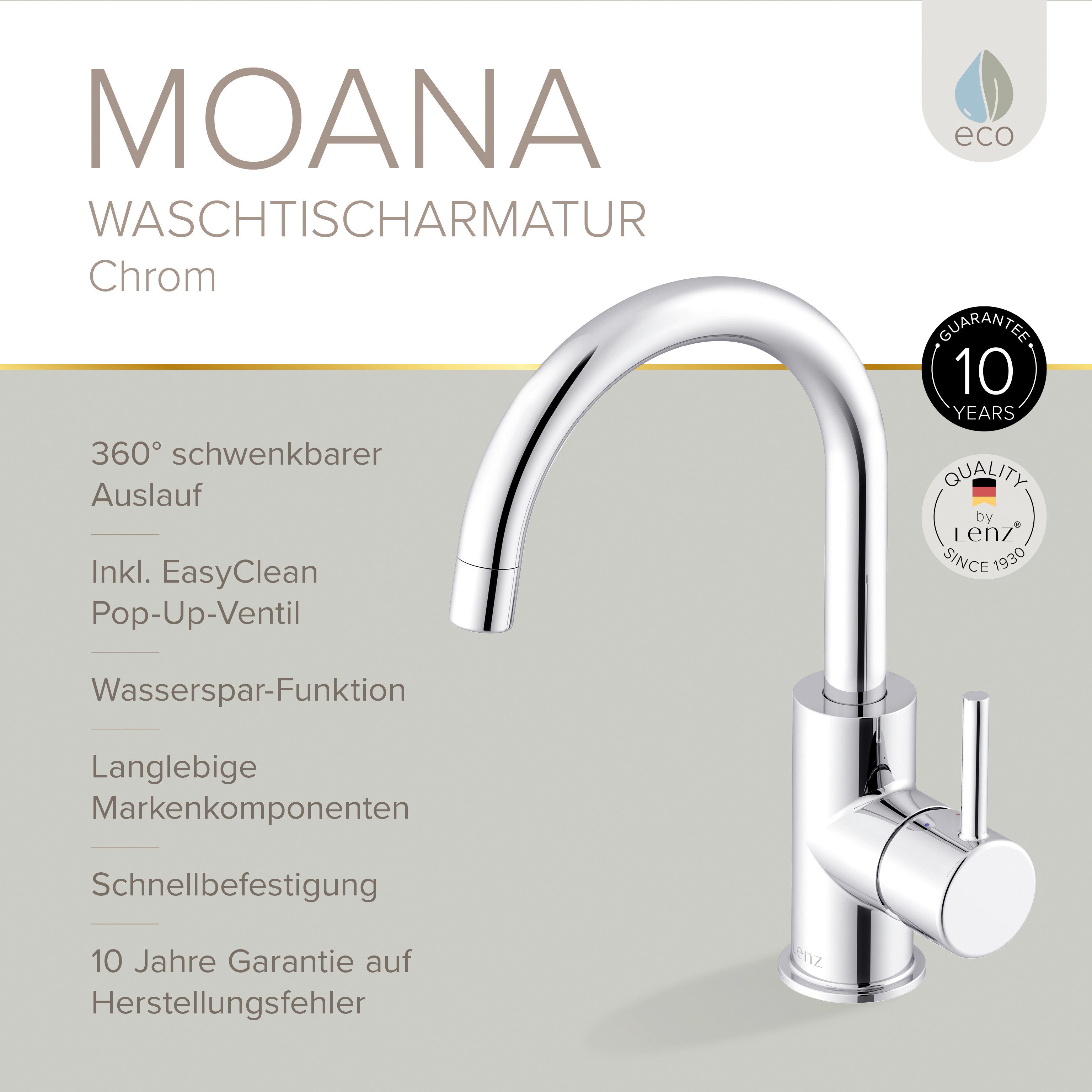 Lenz Waschtischarmatur MOANA Badarmatur mit Pop-Up-Ventil (Armatur mit Pop-Up-Ventil) Easy Clean Pop-Up Ventil, Chrom