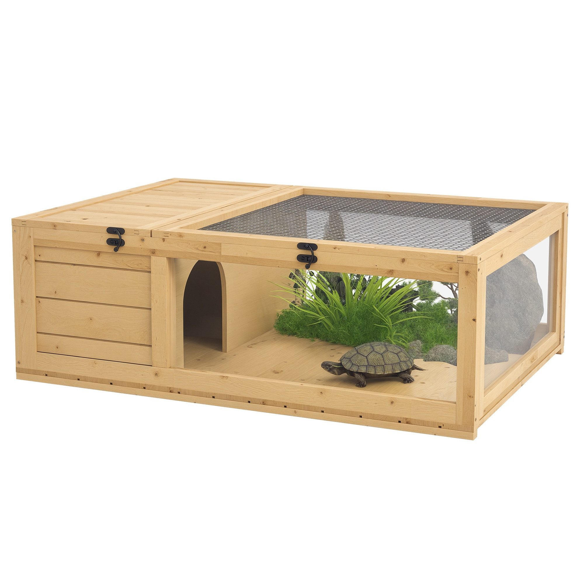 BlingBin Kleintierstall Schildkrötenhaus aus Holz, Schildkrötengehege mit Haupthäusern, aufklappbare Oberseite, Outdoor-Reptilienkäfig, Terrarium