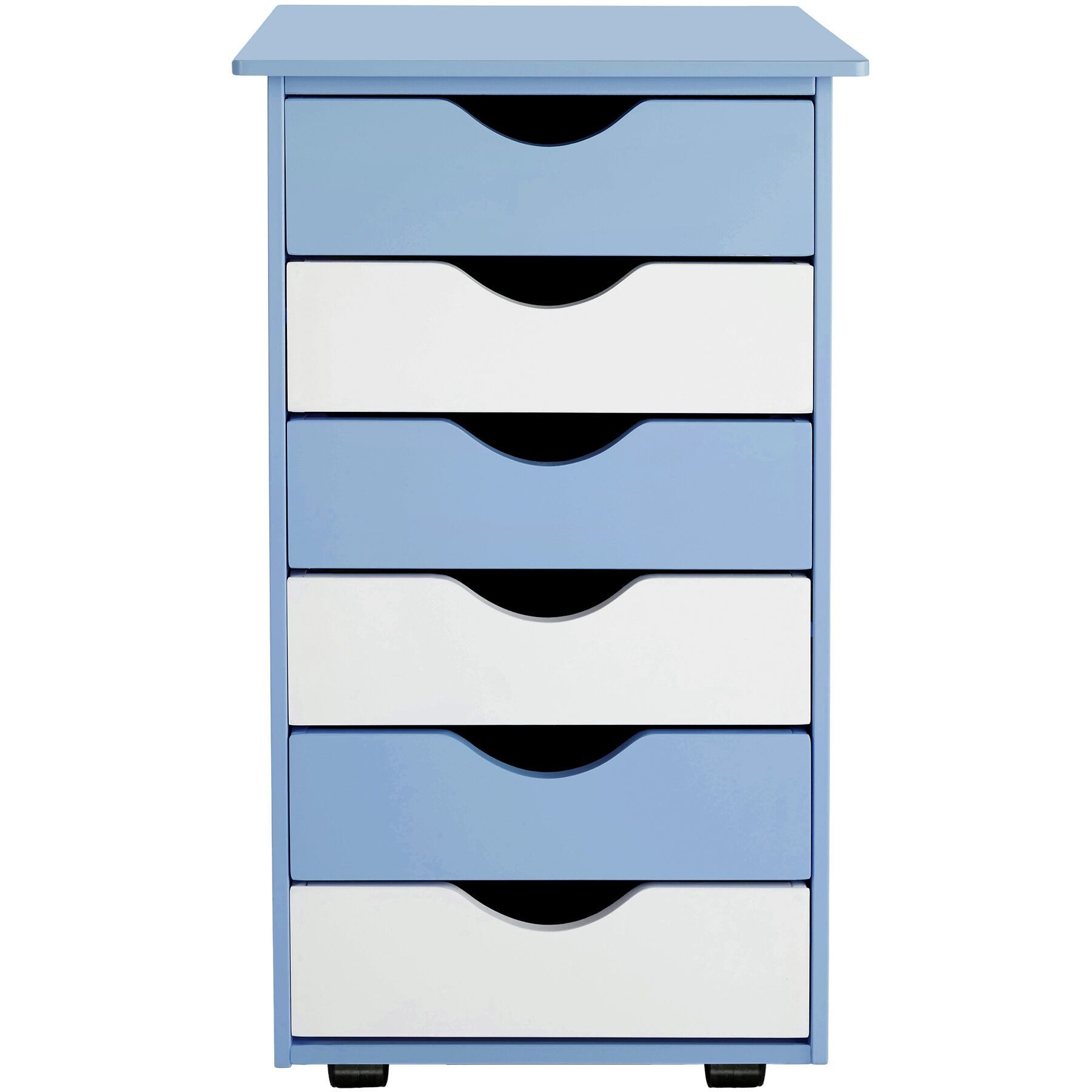 tectake Rollcontainer Schreibtischcontainer 36 x 40 x 65 cm aus Holz, einfache Montage, (Bürokommode, in blau), 4 leichtgängige drehbare Doppelrollen, 6 Schubladen, runde Kanten