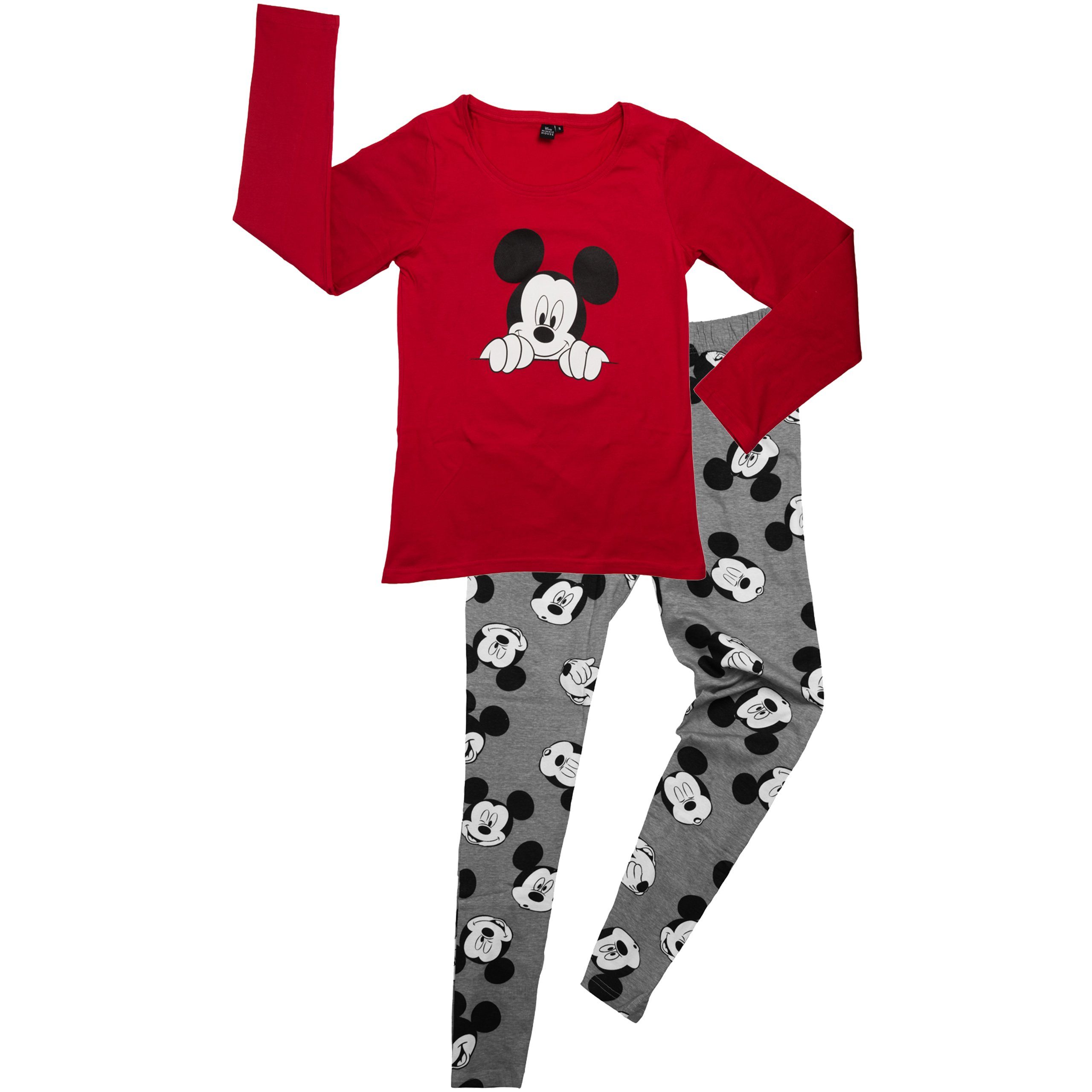 United Labels® Schlafanzug Disney Mickey Mouse Schlafanzug für Damen,  Langarm Rot/Grau