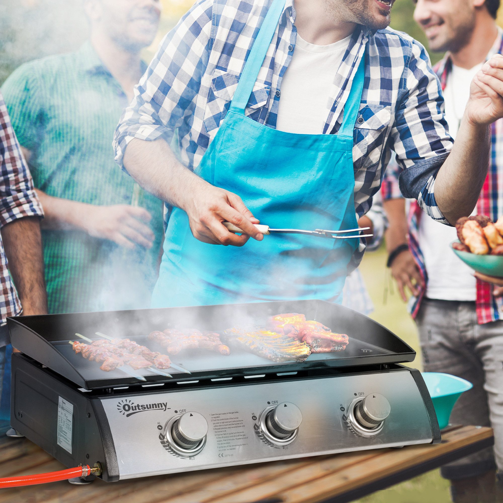 Outsunny Gasgrill tragbarer Tischgrill Tischgasgrill aus Edelstahl Schwarz+Silber, Gas-Grill, BBQ Gartengrill, für Balkon, Camping-Grill, 63 x 48 x 21 cm