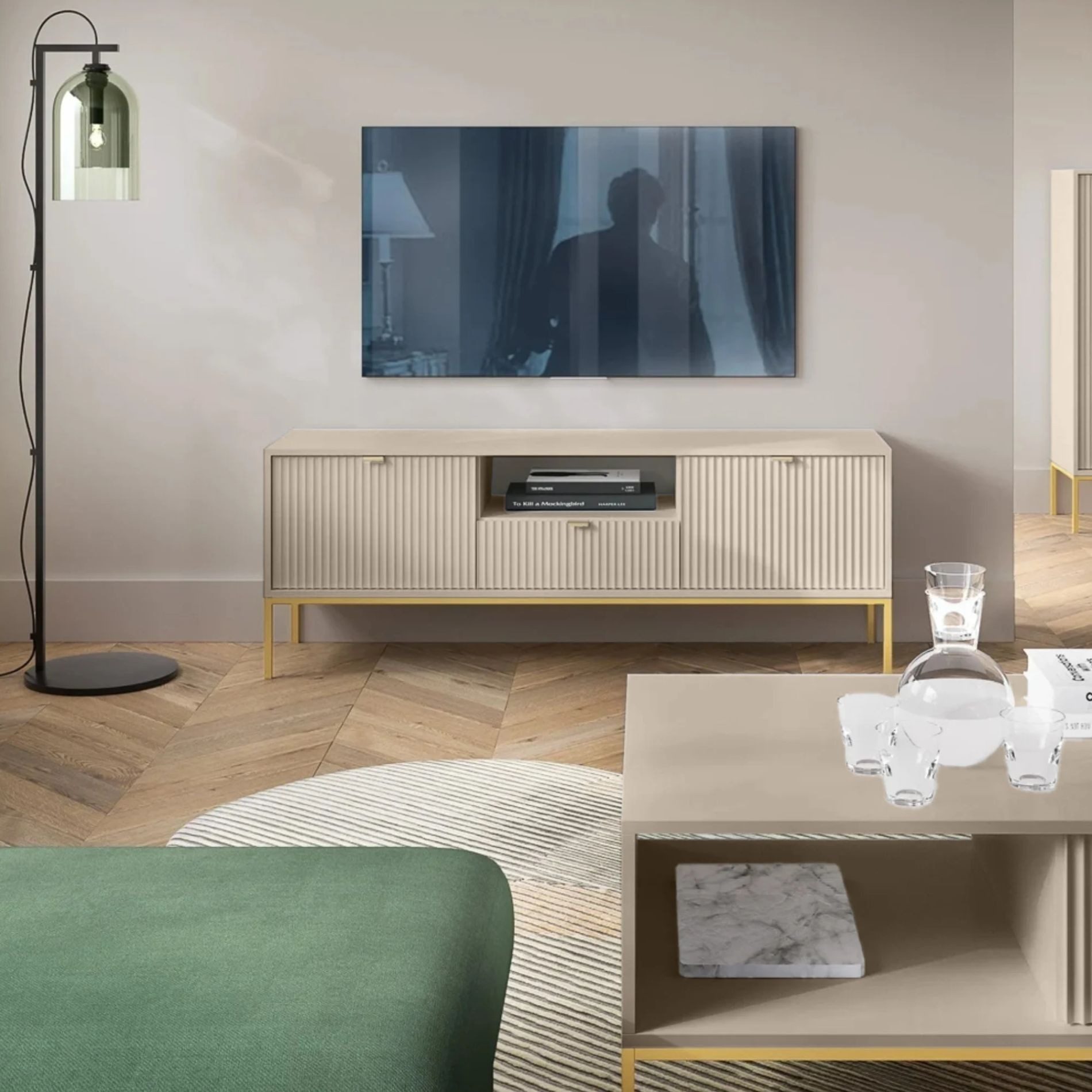 Selsey TV-Schrank VELLORE mit gerillten Fronten, goldenen Griffen und Metallbeinen, 154 cm