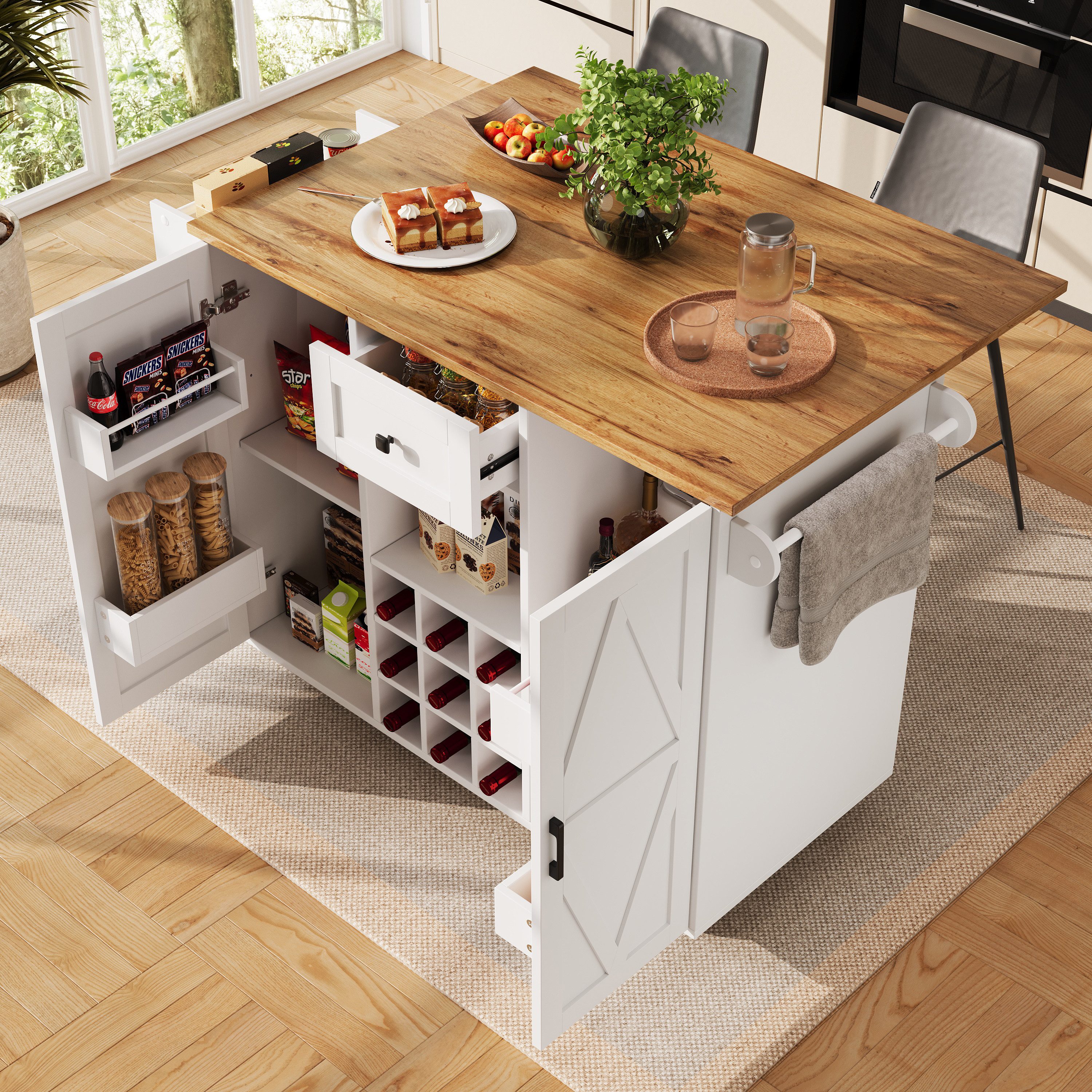 STILVORA Küchenwagen mit rollen und arbeitsplatte,Küchenschrank freistehend Kücheninsel, (Multifunktionale Kücheninsel mit Klappbein-Esstisch, großer Stauraum und flexiblen Ablageflächen – Inklusive Weinregal, Snackregal und beweglichen Rädern)