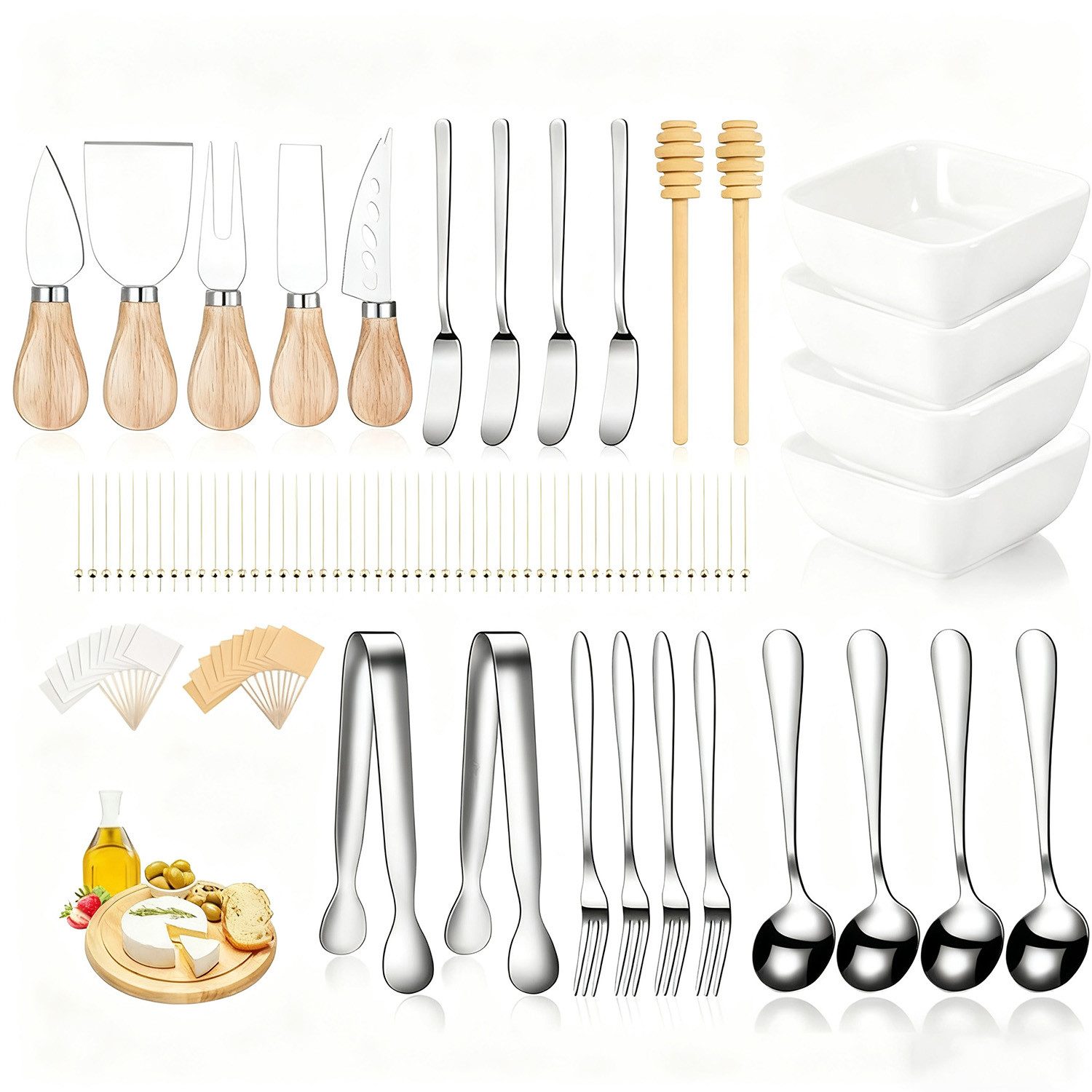 Refined Living Besteck-Set 95tlg Charcuterie Board Zubehör Käsemesser Set mit Holzgriff für Party, Edelstahl, Kochbesteck-Set Buttermesser-Set Geschirr Schüssel for Platter Making