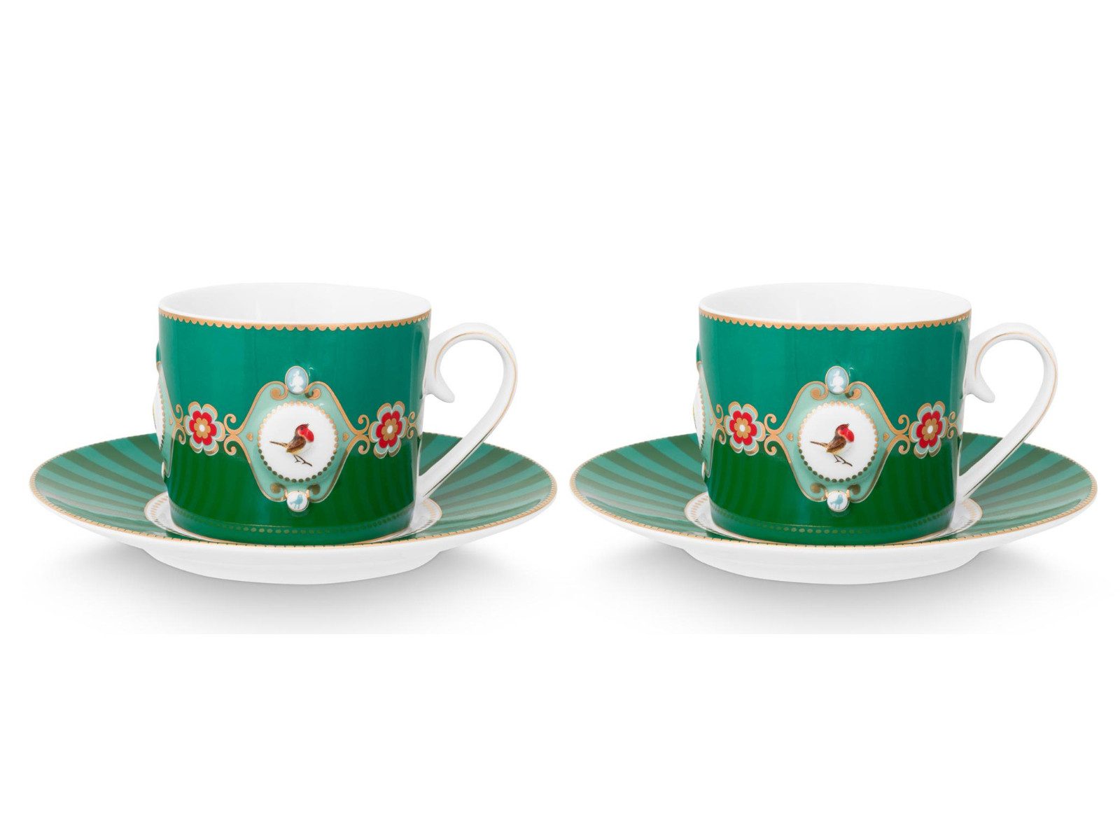 PiP Studio Tasse Love Birds Medallion Emerald-Green Tasse mit Untertasse 0,2l Set2, Porzellan