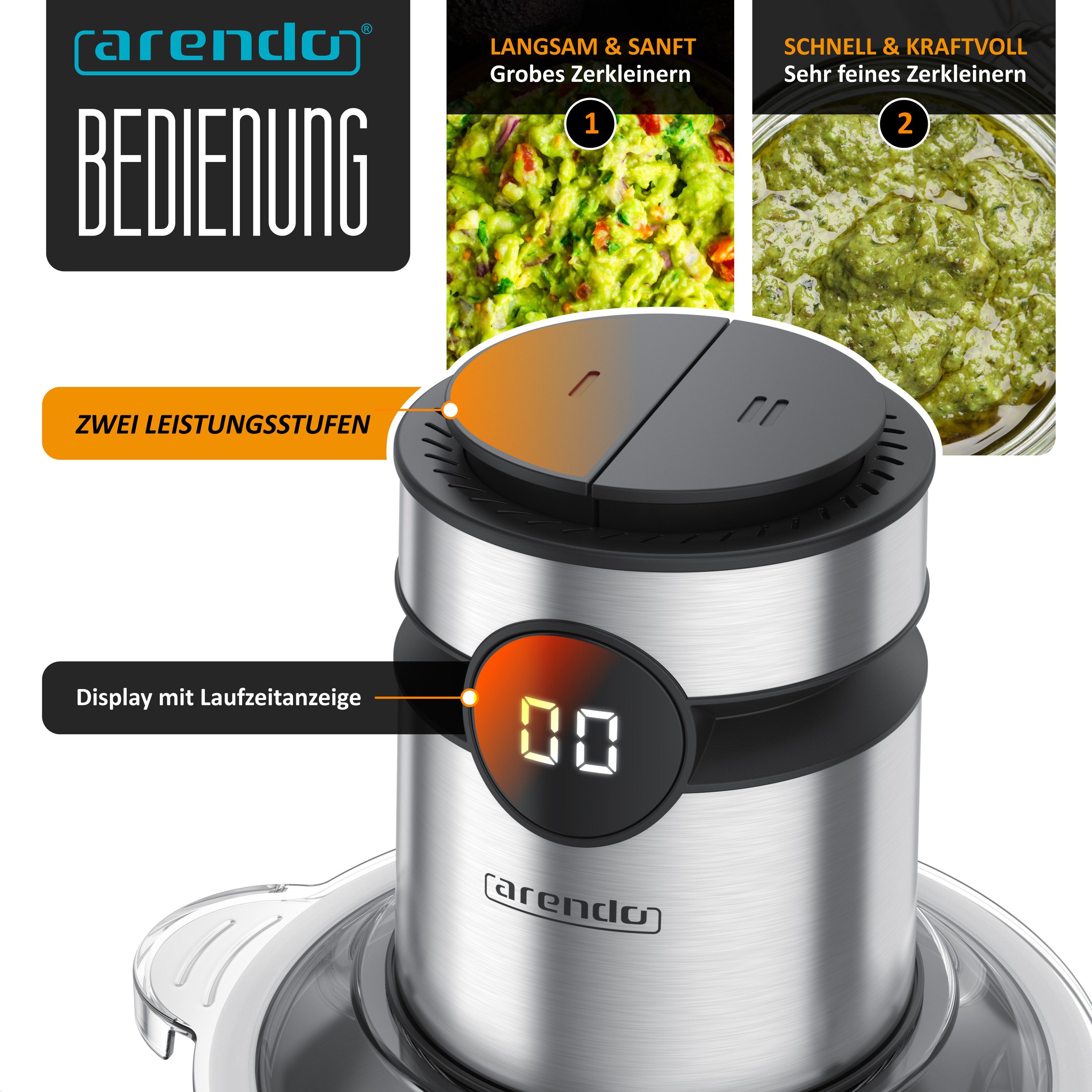 Arendo Zerkleinerer Elektrischer Multizerkleinerer für Fleisch Nüsse Obst Gemüse u.v.m., 500 W, Universalzerkleinerer 2L Edelstahlbehälter, Display, Sicherheitssperre