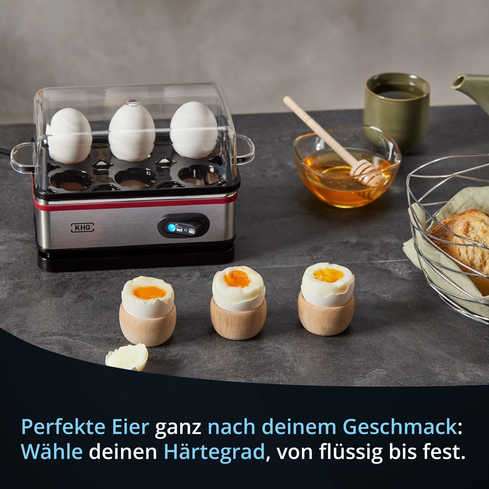 KHG Eierkocher Edelstahl, Warmhaltefunktion, inkl. Messbecher mit Nadel, Anzahl Eier: 6 St., 400 W, Aluminiumheizplatte, Kabelfach auf der Unterseite