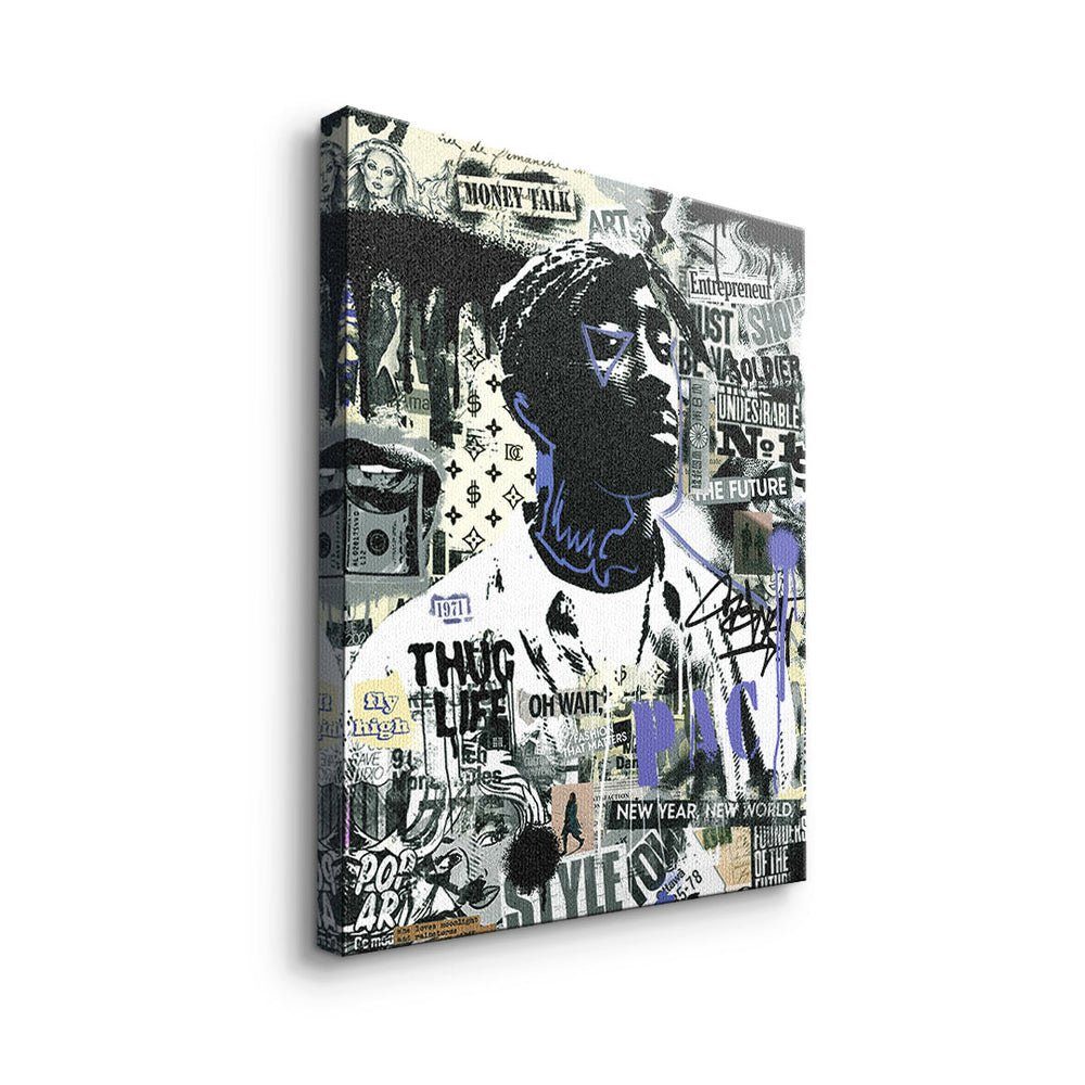 - Tupac DOTCOMCANVAS® goldener Motivationsbild Premium Leinwandbild, Streetart - Rahmen