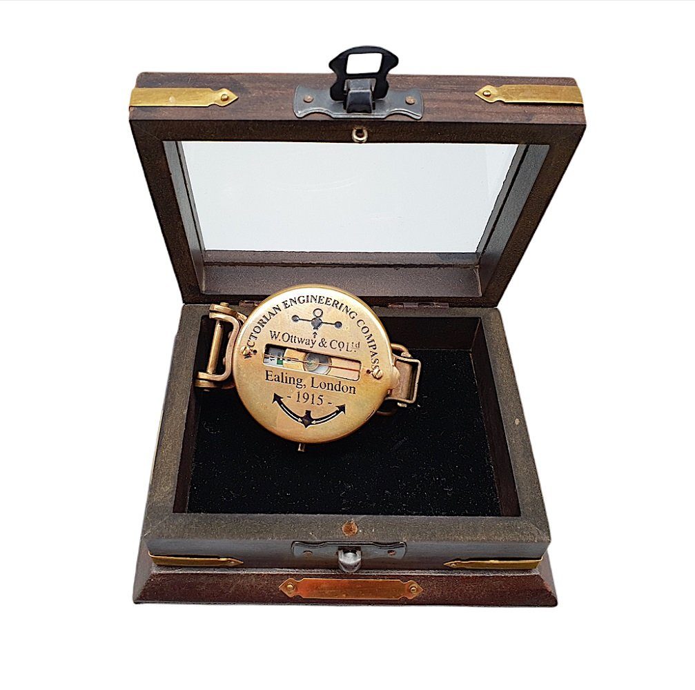 Linoows Dekoobjekt Kompass, Peil- und Marschkompass, Retro Scheibenkompass, In einer Holzbox
