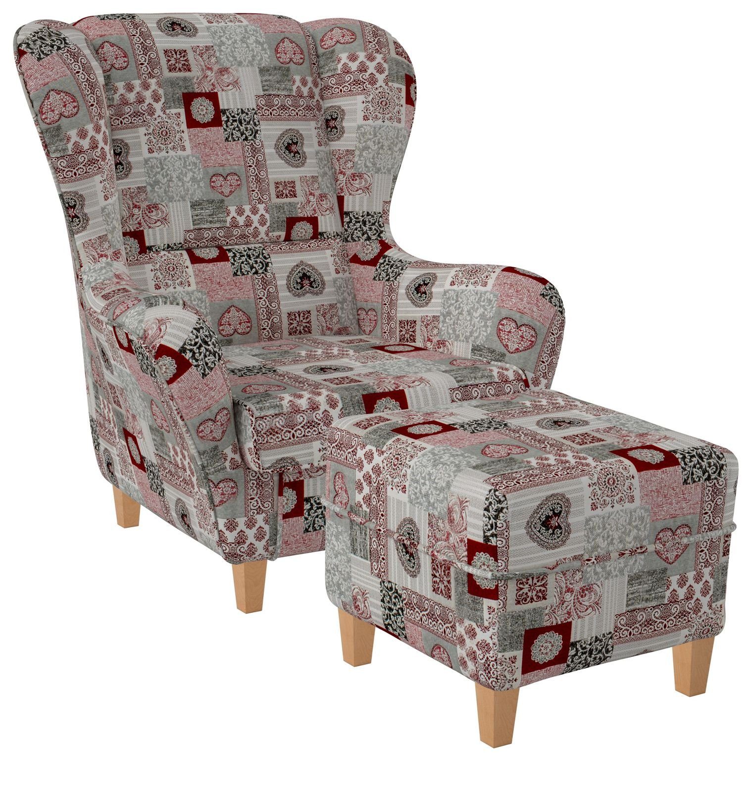 Supellex Ohrensessel Sofia, Relaxsessel mit Hocker, Patchwork Ornamente, Herz Rot | Ohrensessel