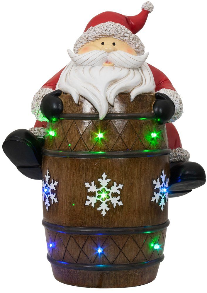Nikolaus Dekofigur fest Weihnachtsdeko Weihnachtsmann auf XXL integriert, LED mit Christmas Paradise LED warmweiß, Fass Tischdeko 39cm,