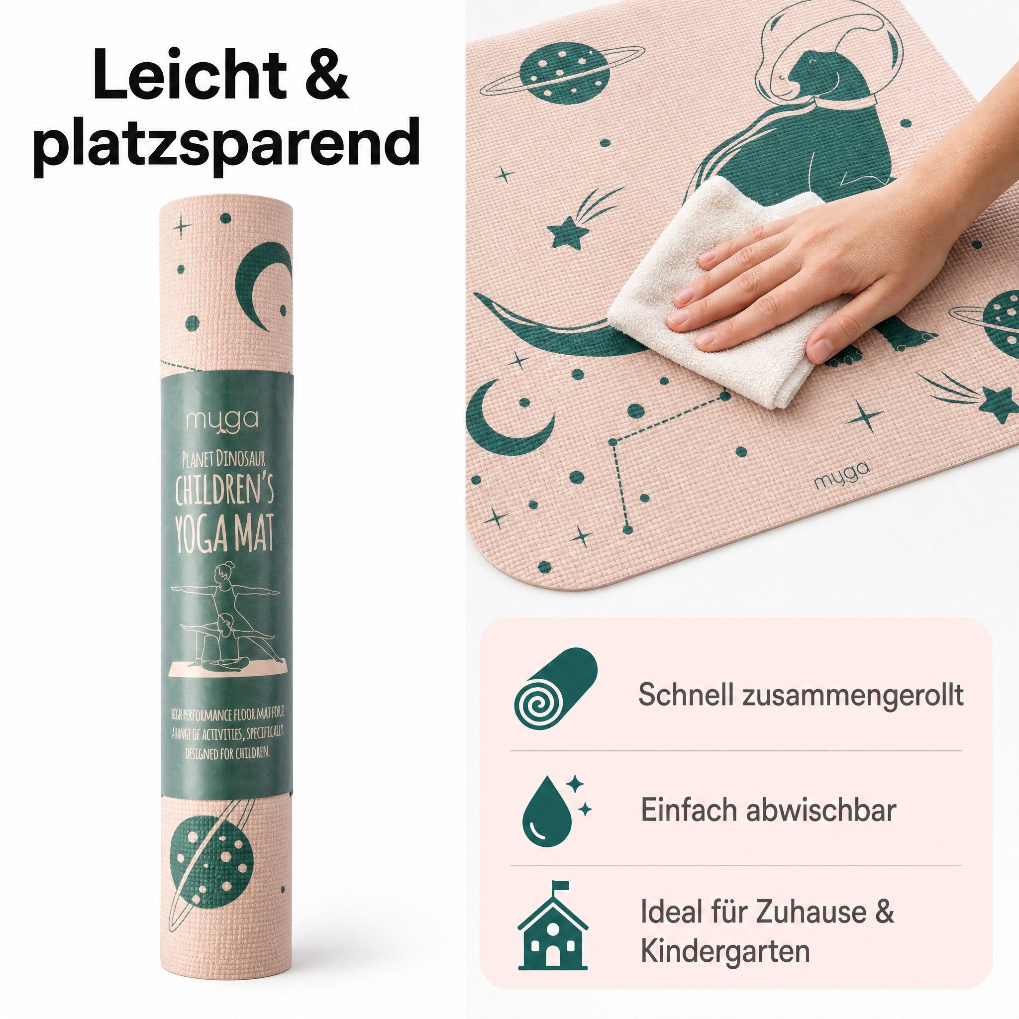 LK Trend & Style Yogamatte Kinder-Yogamatte (mit ansprechendem Dinosaurier- und Weltraummotiv., Gymnastik, Turnen, Pilates, Fitness), 3mm Stärke – Bild 4 von 5