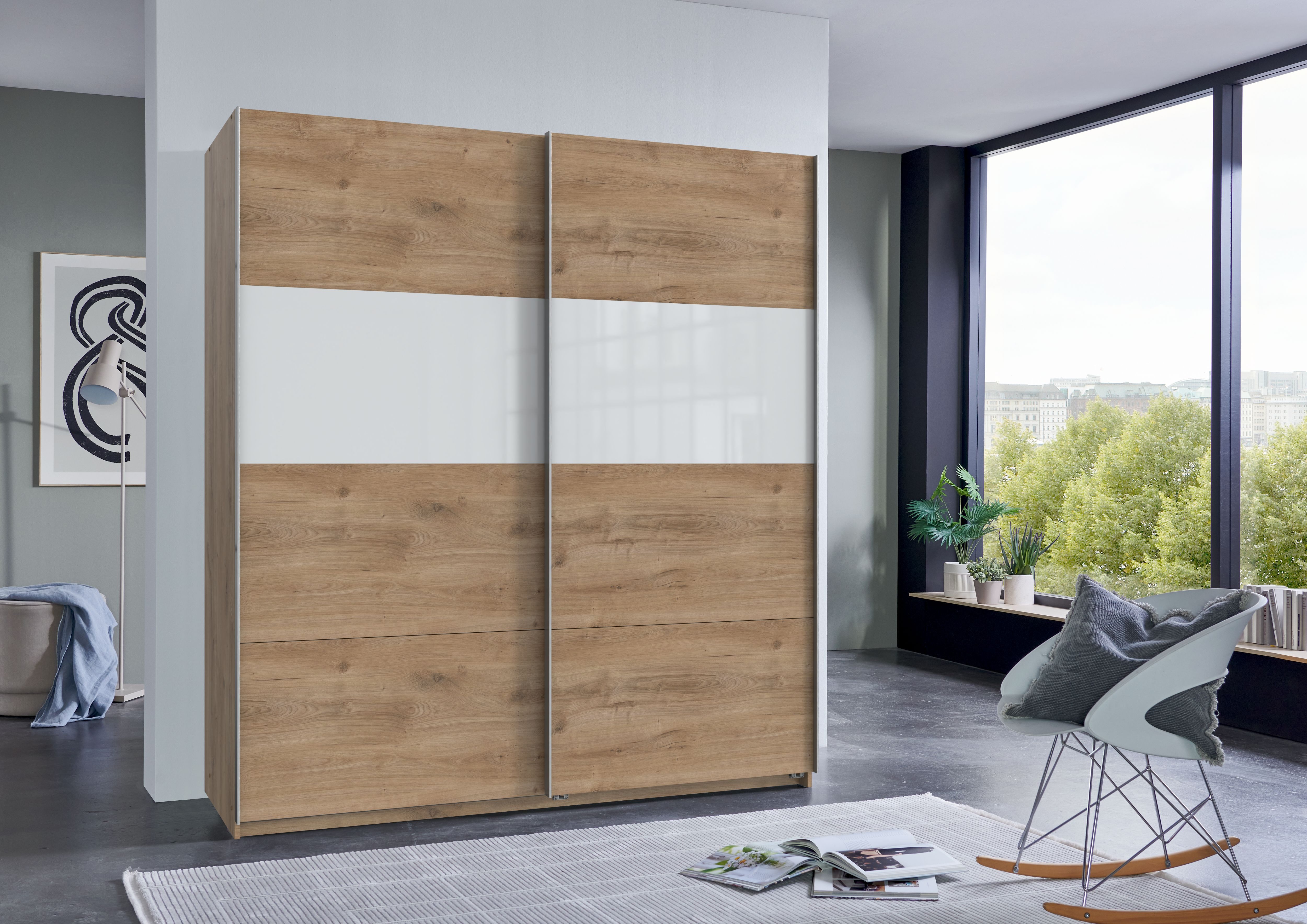 Wimex Schwebetürenschrank Bramfeld Kleiderschrank mit Glaselementen und zusätzlichen Einlegeböden