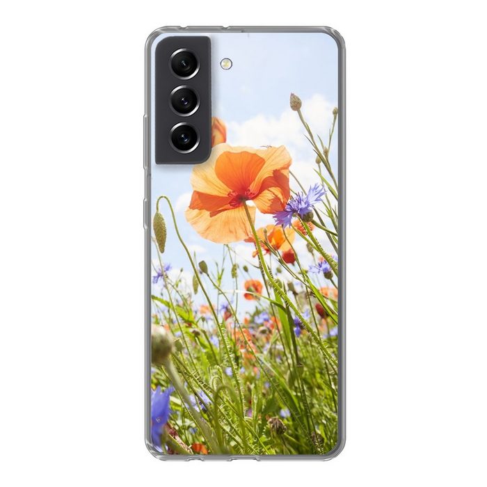 MuchoWow Handyhülle Blumen - Mohn - Frühling - Natur - Rot - Blau Phone Case Handyhülle Samsung Galaxy S21 FE Silikon Schutzhülle