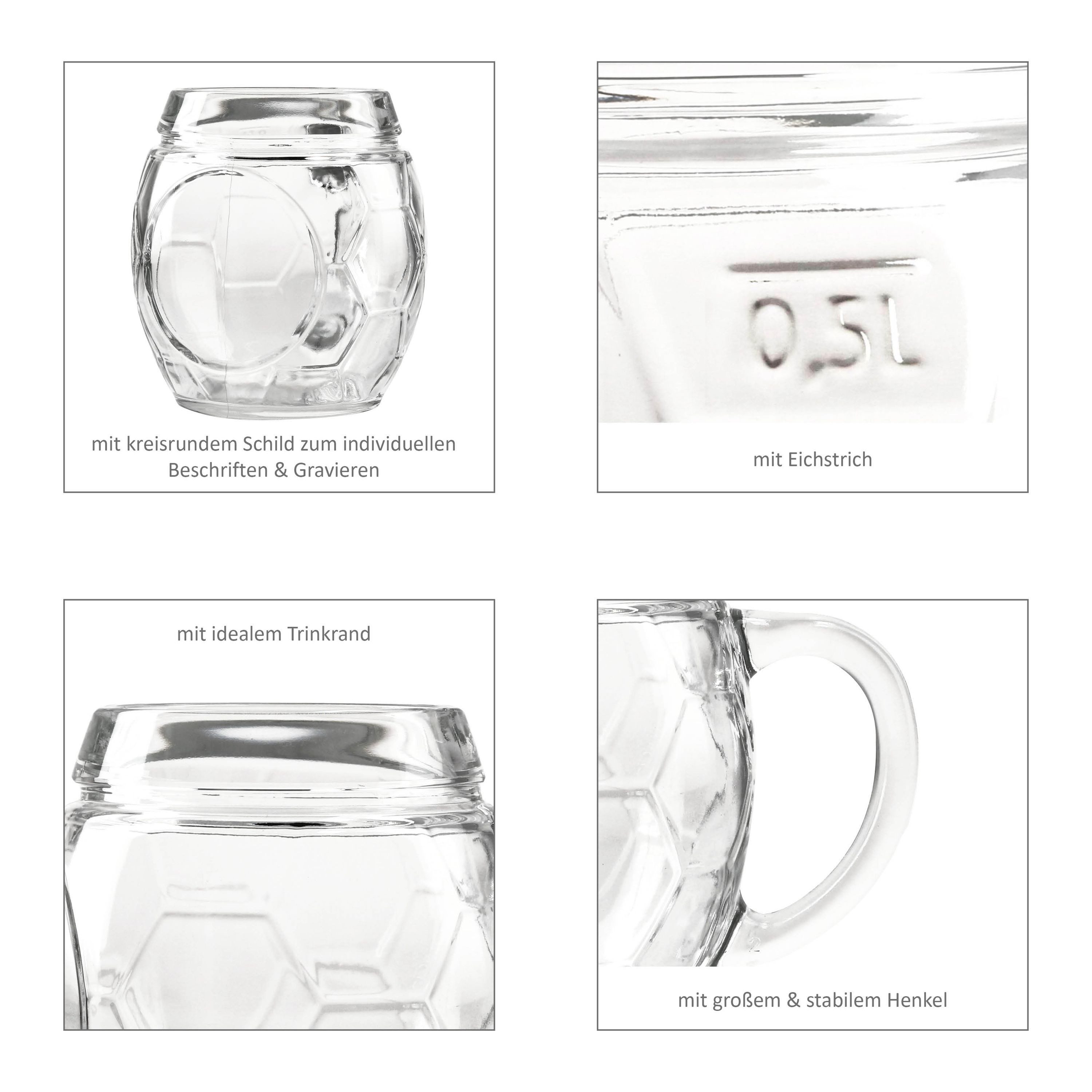 MamboCat Bierglas 12x Fußball Biergläser 0,5L geeicht Ball-Relief 12 Pers. Bierkrüge, Glas