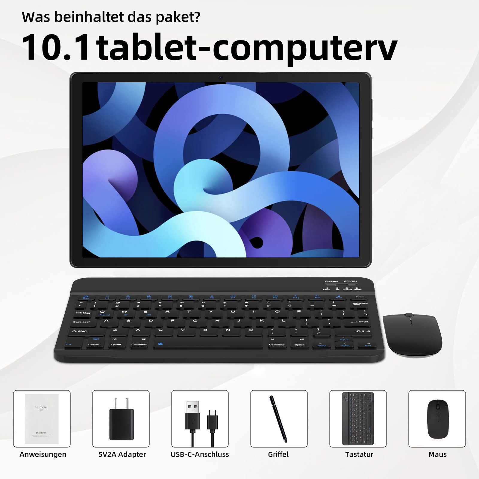 BUFO Android 14 10 Zoll 8(3+5)GB+64GB mit Tastatur, Maus und Stift Tablet (10", 64 GB, Android, 2,4G/5G WiFi, Split-Screen-Funktion, HD 1280x800, Dual-Kamera)