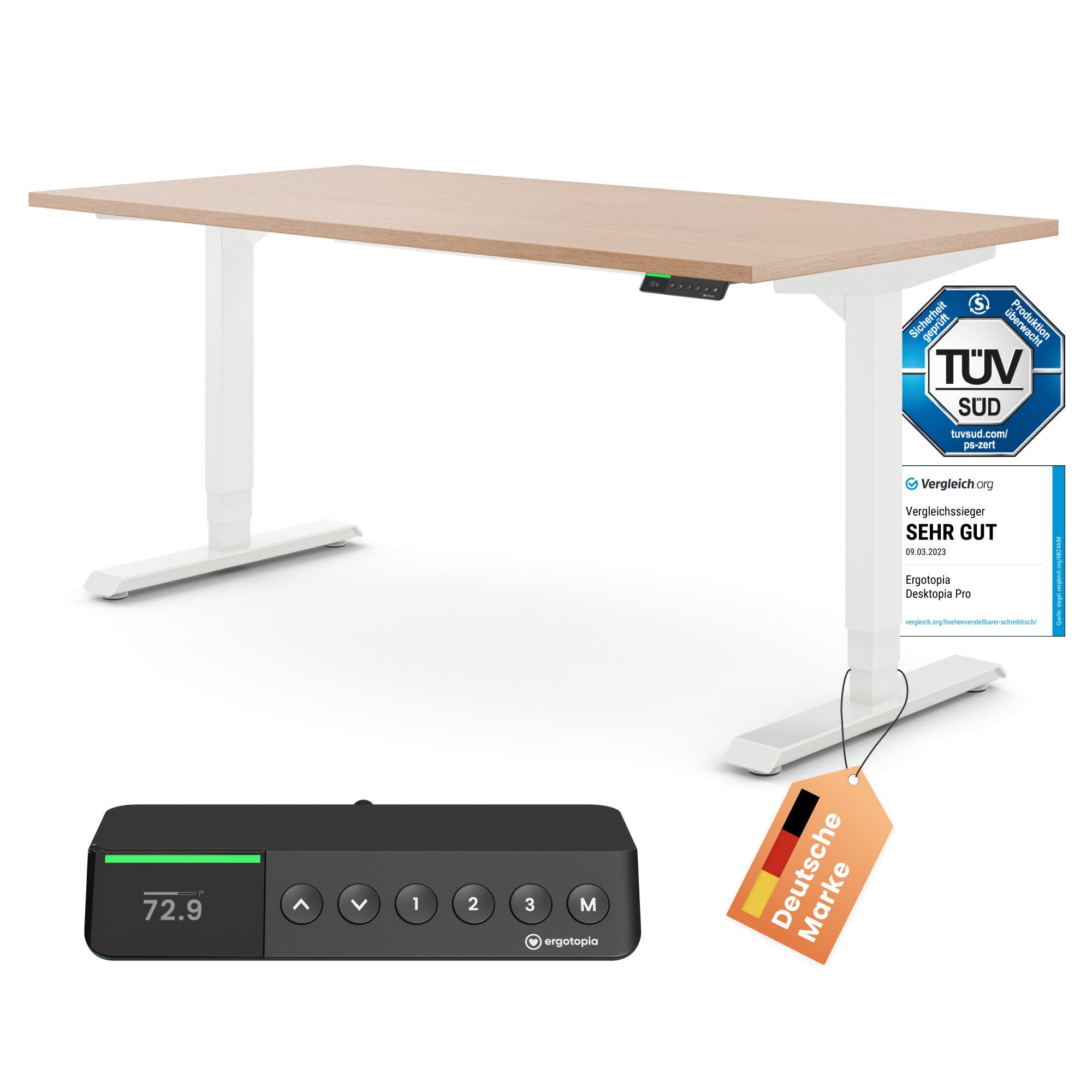 Ergotopia Schreibtisch Desktopia Pro X elektrisch höhenverstellbarer Schreibtisch, elektrisch verstellbarer Bürotisch inkl. edlem OLED-Display