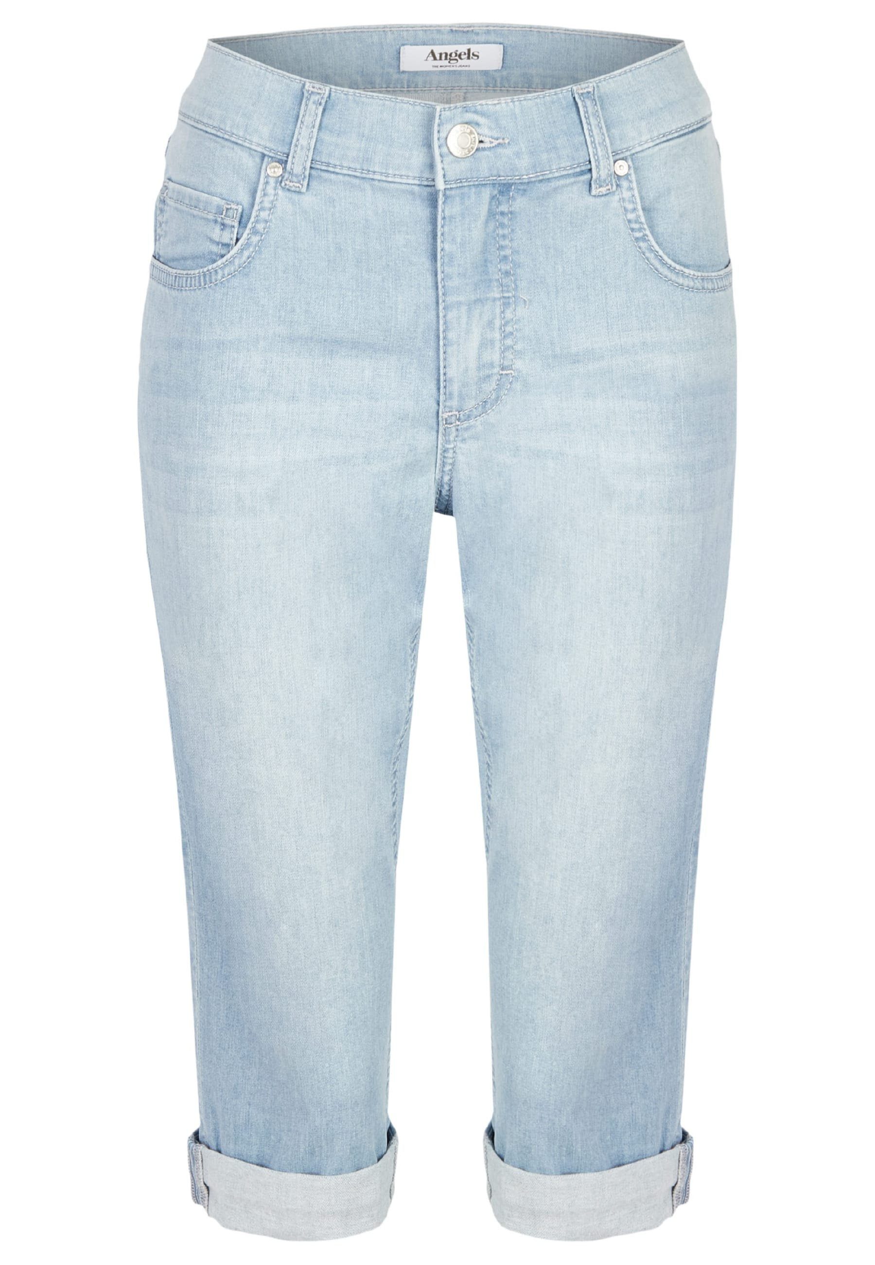 Capri ANGELS Used-Look mit mit 5-Pocket-Jeans TU Jeans Label-Applikationen hellblau