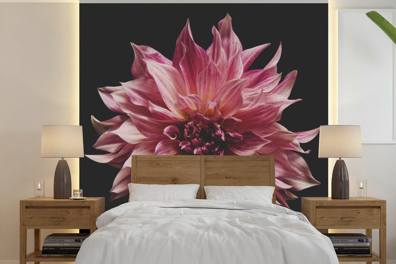 MuchoWow Fototapete Dahlie - Blumen - Rosa, Matt, bedruckt, (5 St), Vinyl Tapete für Wohnzimmer oder Schlafzimmer, Wandtapete