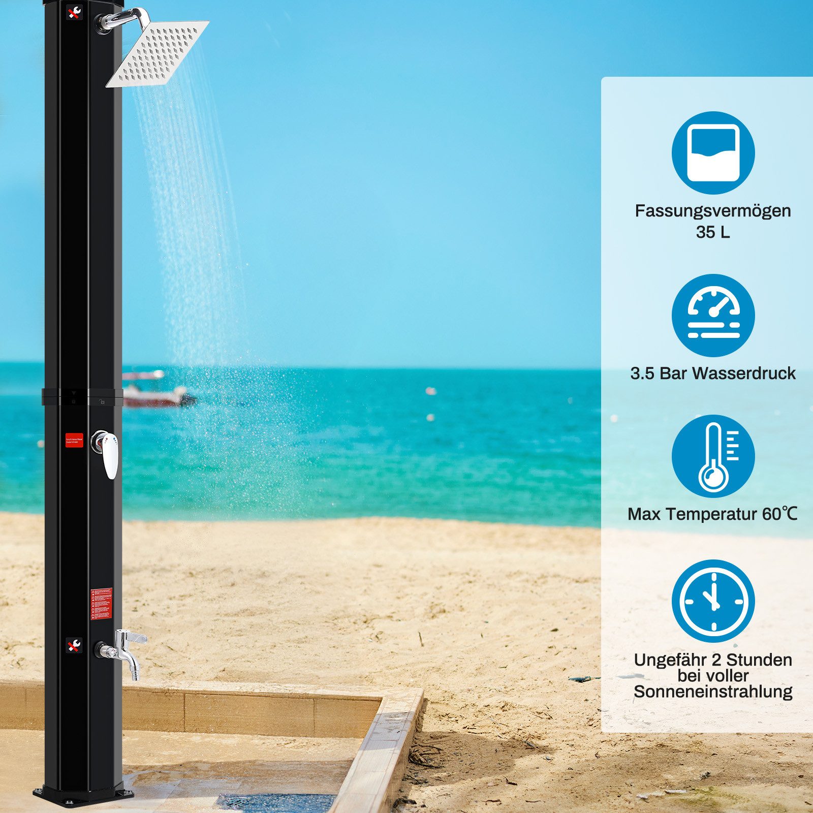 TLGREEN Solardusche Gartendusche ohne Strom mit 360° Oberkopf-Duschkopf & 210D Schutzhülle (35L Pooldusche Campingdusche bis 60°C warmes Wasser, mit unabhängigem Wasserhahn & Gartenschlauch-Anschluss), (ohne Handbrause)