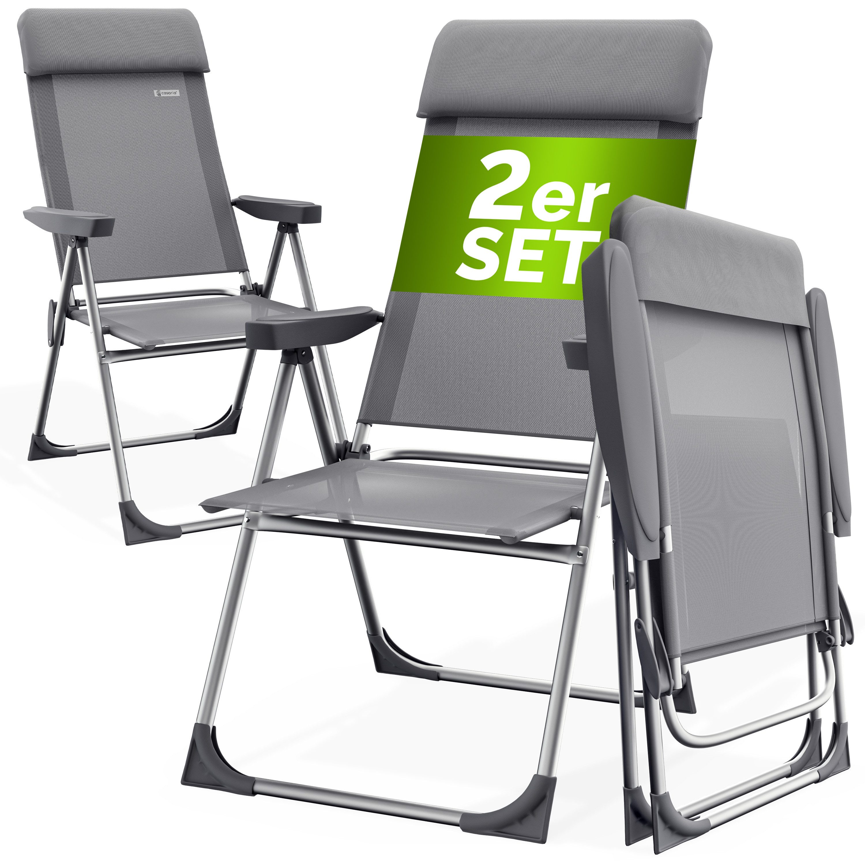Casaria Gartenstuhl (2 St), 2er Set Hochlehner 6-fach Verstellbar Alu Klappbar mit hoher Lehne