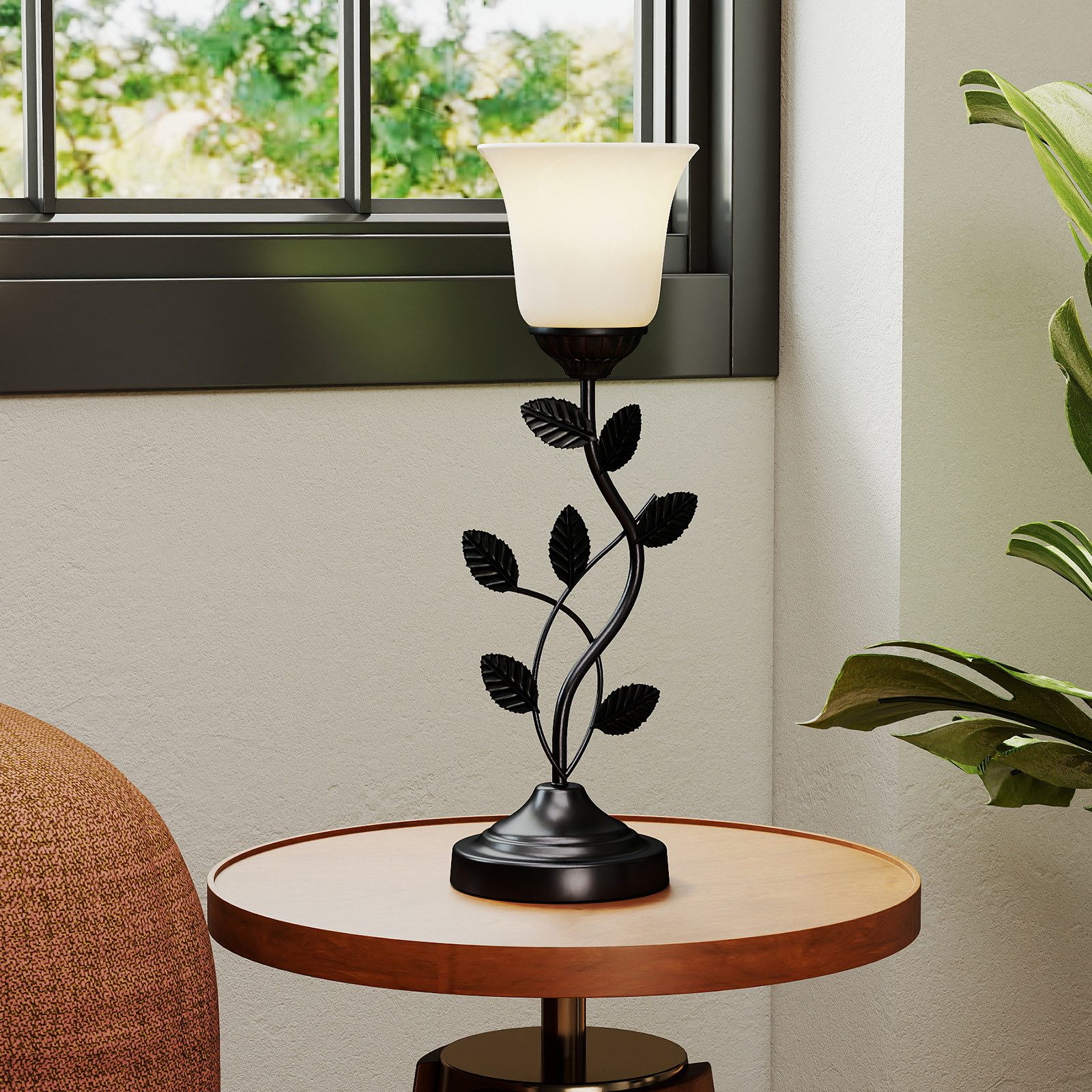 COSTWAY Nachttischlampe, 50cm, mit Tulpen-Glaslampenschirm & Metallblättern