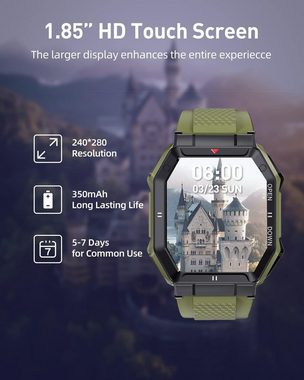 PODOEIL Smartwatch (1,85 Zoll, Android iOS), Militärische herren mit funktionannehmen schlafmonitor kompatibel