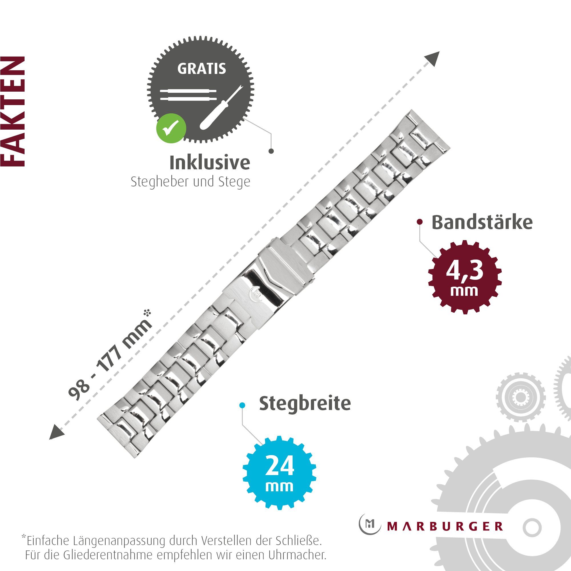 MARBURGER Uhrenarmband 24mm Edelstahl Silber, Uhrenband