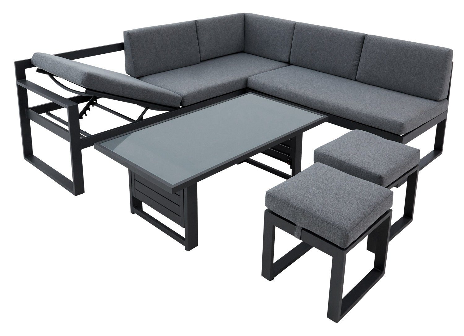 Outdoor Gartenlounge-Set LINA, mit Loungetisch & Hocker, Aluminium, Grau, (5-tlg), Anthrazit, mit Sitz- und Rückenkissen, Tischplatte aus Glas