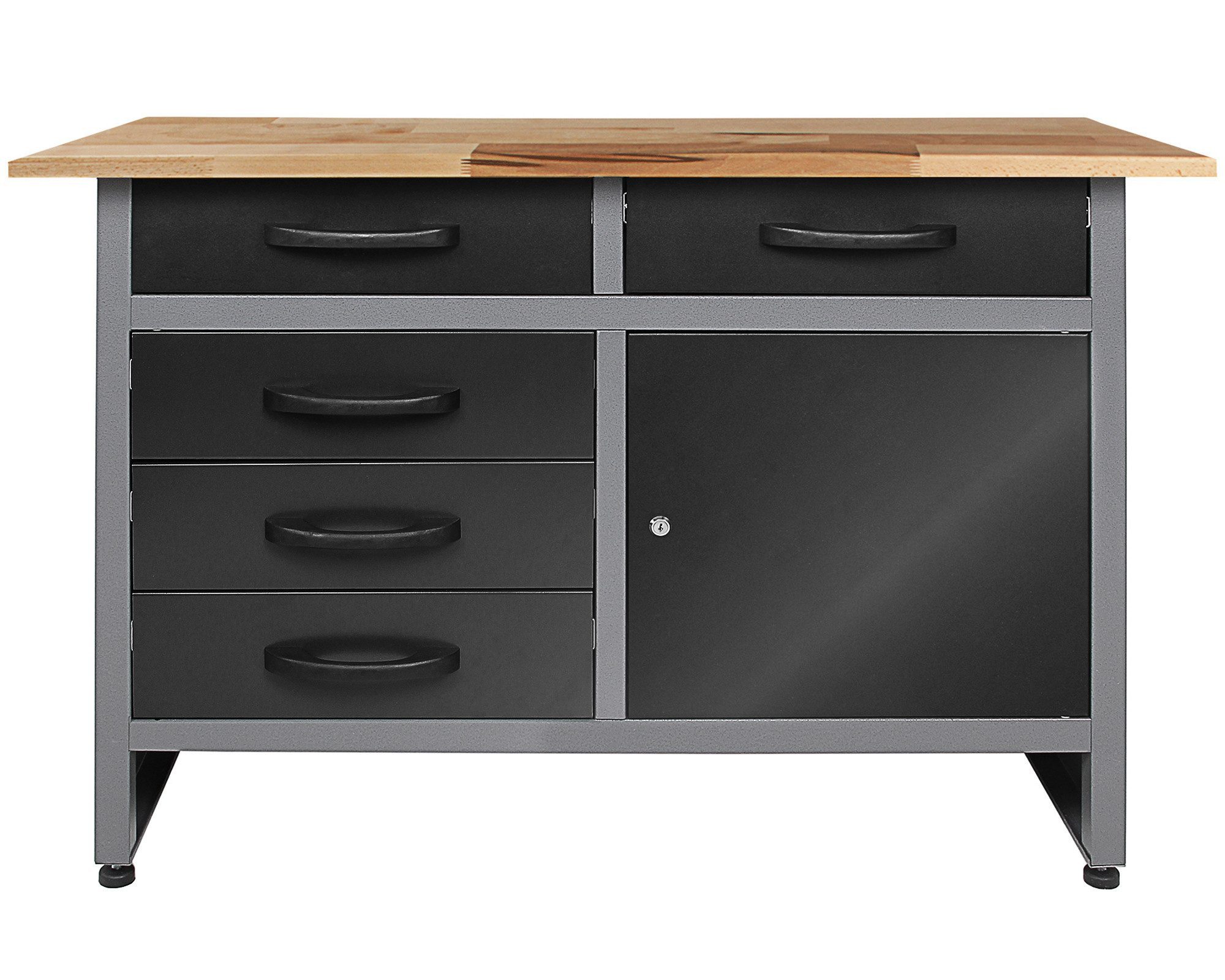 ONDIS24 Werkbank Werkbank Metall 120cm Buchenplatte 5 Schubladen 1 Tür, 120 x 60 x 85 H cm