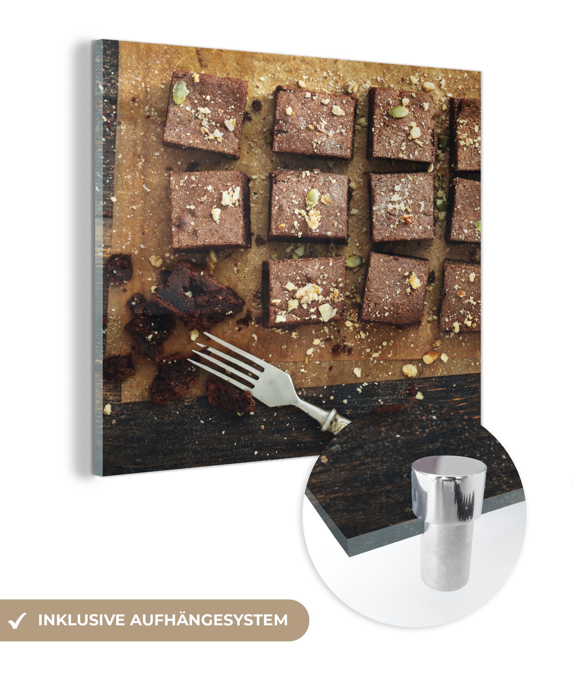 Wandbild - - Schokoladen-Brownies, Glas MuchoWow auf - Wanddekoration auf Glas Glasbilder Foto Acrylglasbild (1 Bilder St),